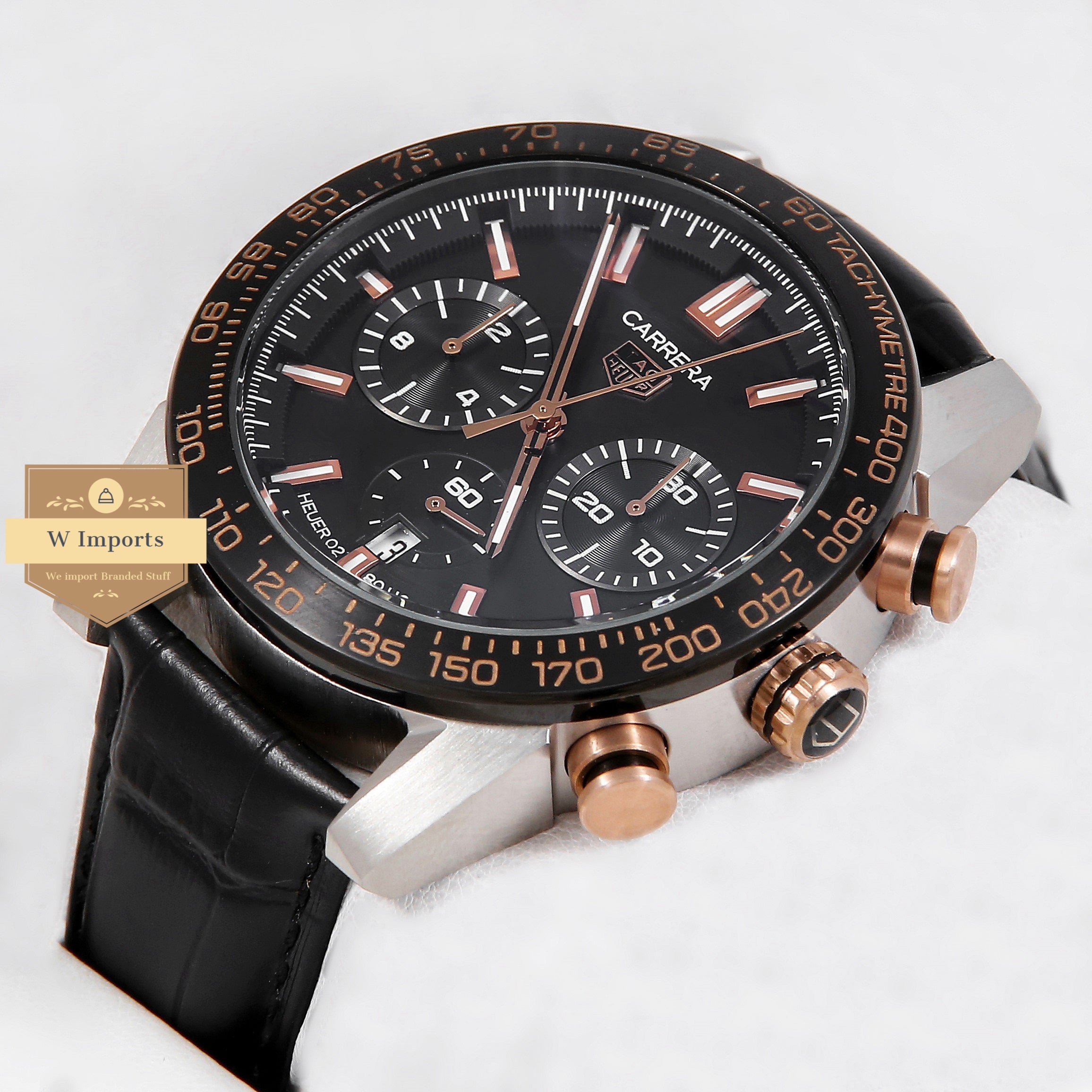 Latest Collection Chronograph Silver Case With Black Dial & Black Leather Strap