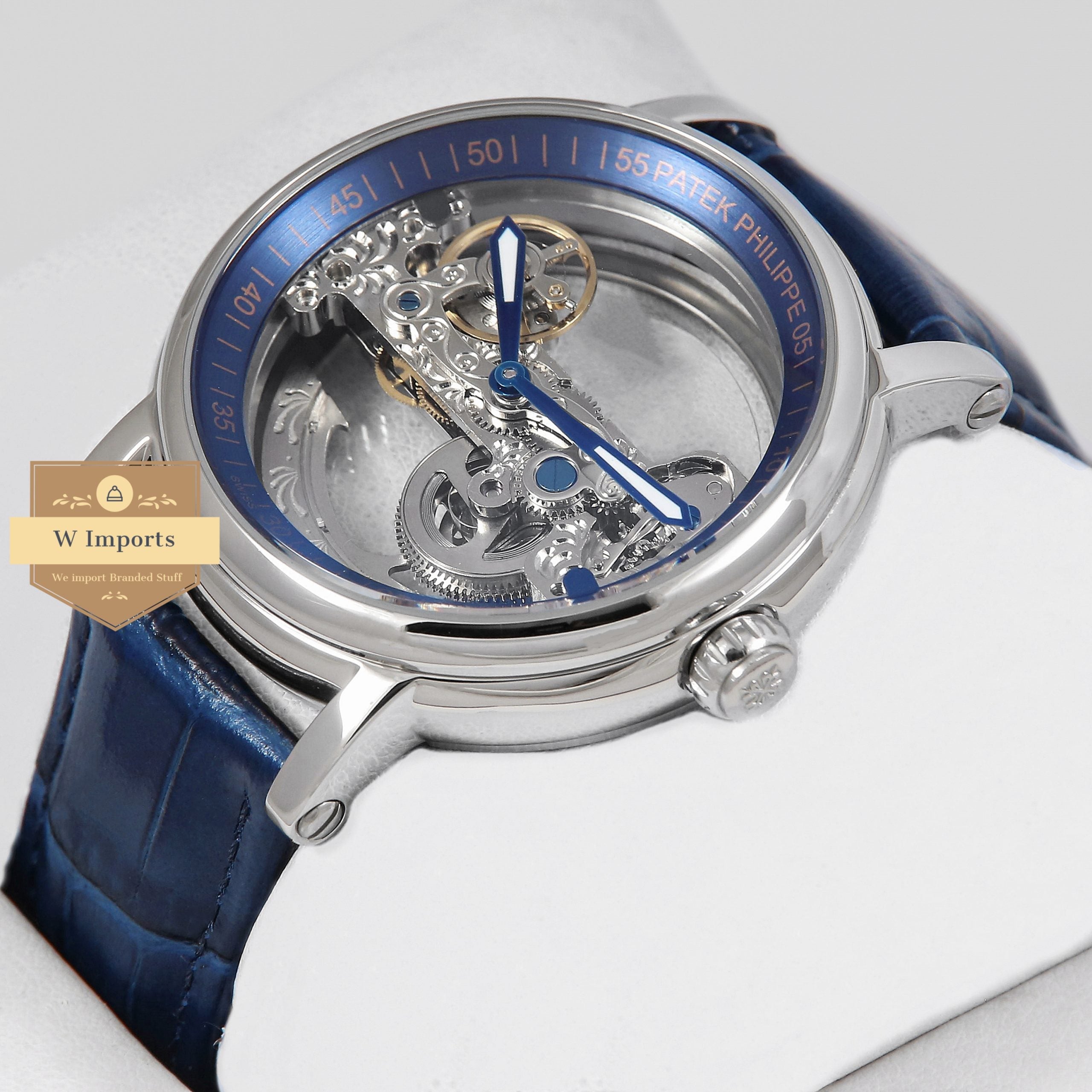 Latest Collection Transparent Skeleton Dial With Silver Case & Blue Leather Strap For Men