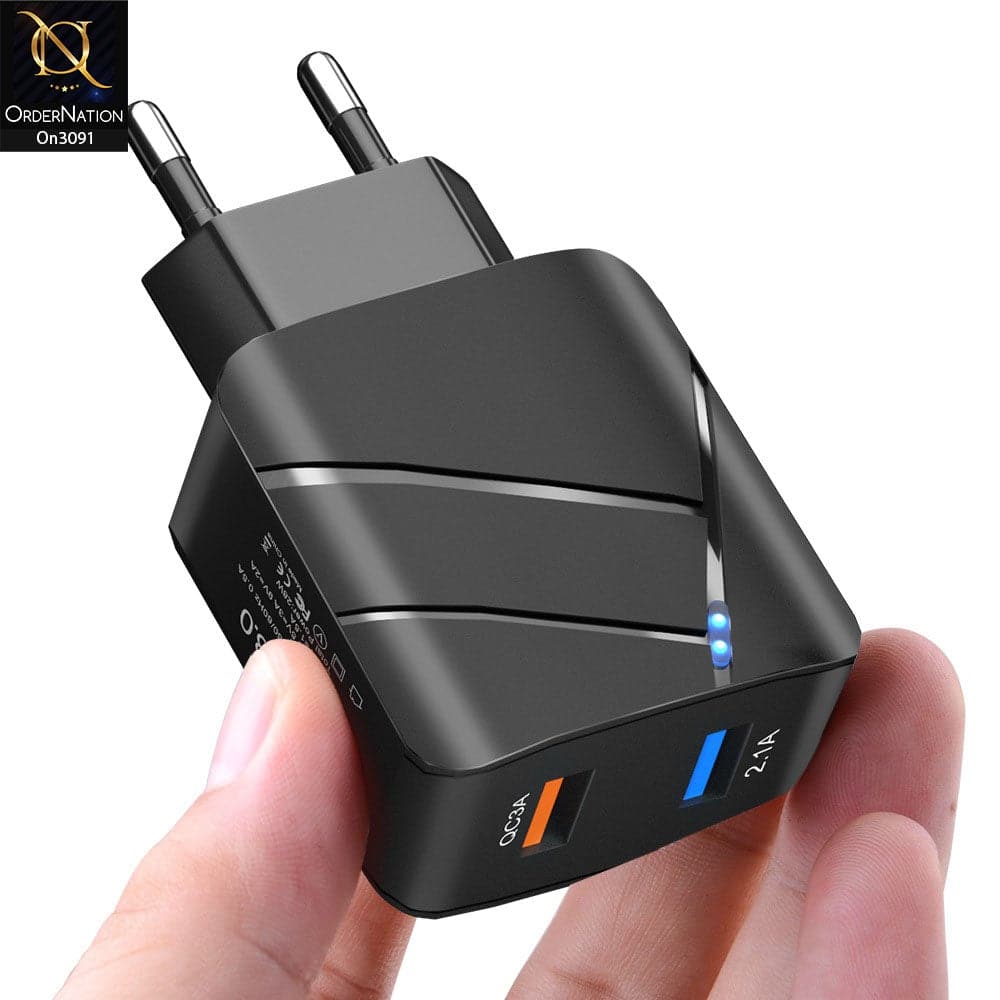 TE-Q820 - Power 3.0 Quick Wall Charger Fast Charging Head QC 3.0+2.1A Usb With Indicator Light For Latest iPhone, Samsung, Vivo, Infnix, Oppo, Xiaomi, etc Smartphones