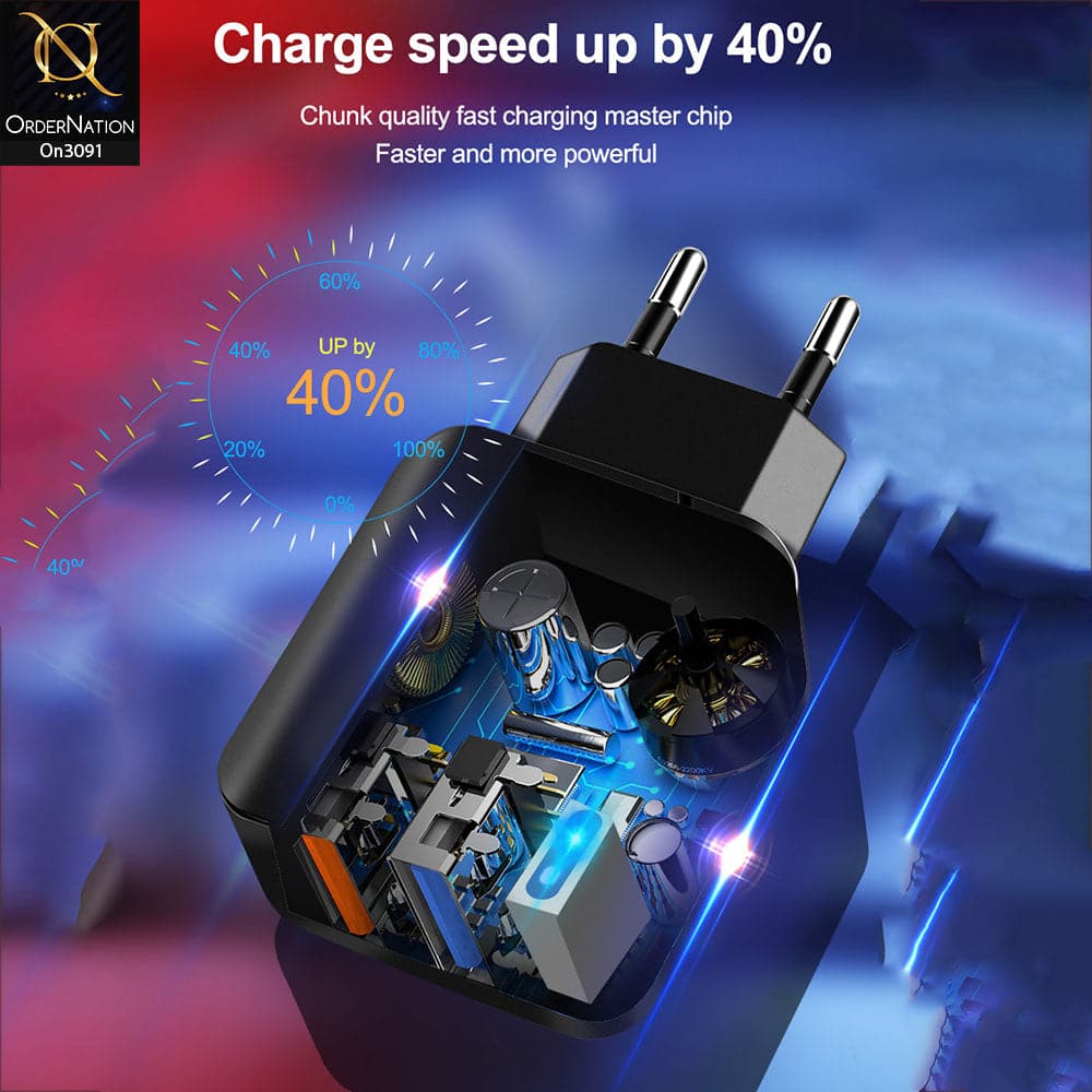 TE-Q820 - Power 3.0 Quick Wall Charger Fast Charging Head QC 3.0+2.1A Usb With Indicator Light For Latest iPhone, Samsung, Vivo, Infnix, Oppo, Xiaomi, etc Smartphones