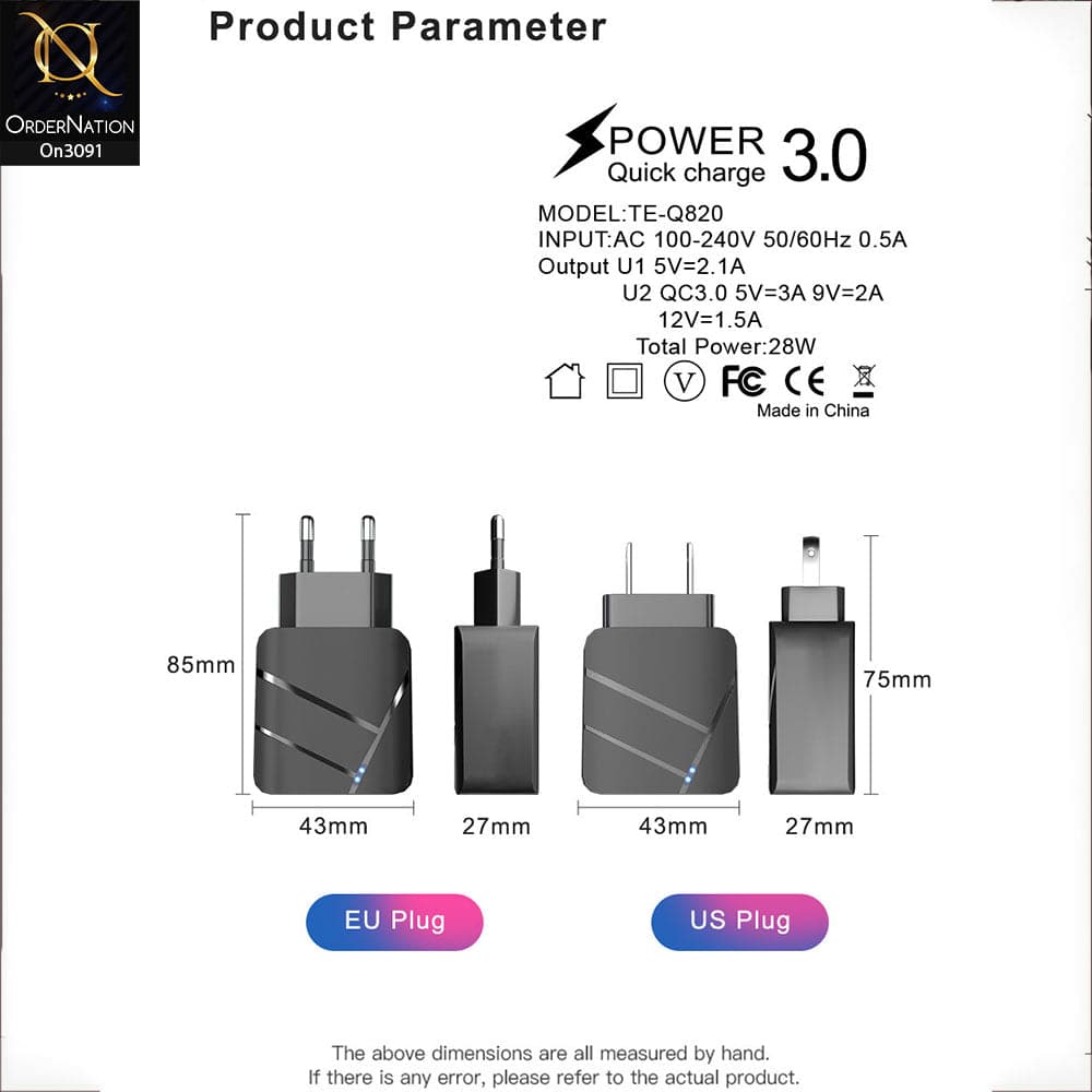 TE-Q820 - Power 3.0 Quick Wall Charger Fast Charging Head QC 3.0+2.1A Usb With Indicator Light For Latest iPhone, Samsung, Vivo, Infnix, Oppo, Xiaomi, etc Smartphones