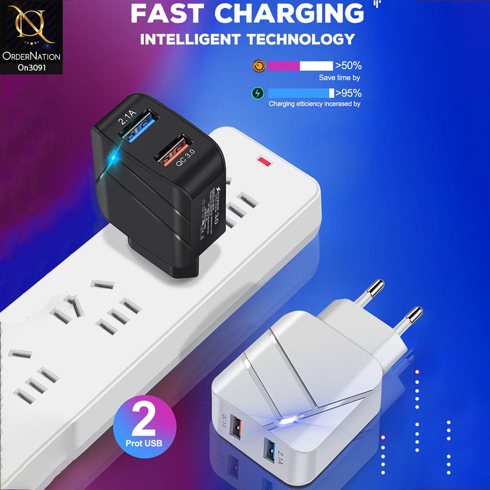 TE-Q820 - Power 3.0 Quick Wall Charger Fast Charging Head QC 3.0+2.1A Usb With Indicator Light For Latest iPhone, Samsung, Vivo, Infnix, Oppo, Xiaomi, etc Smartphones