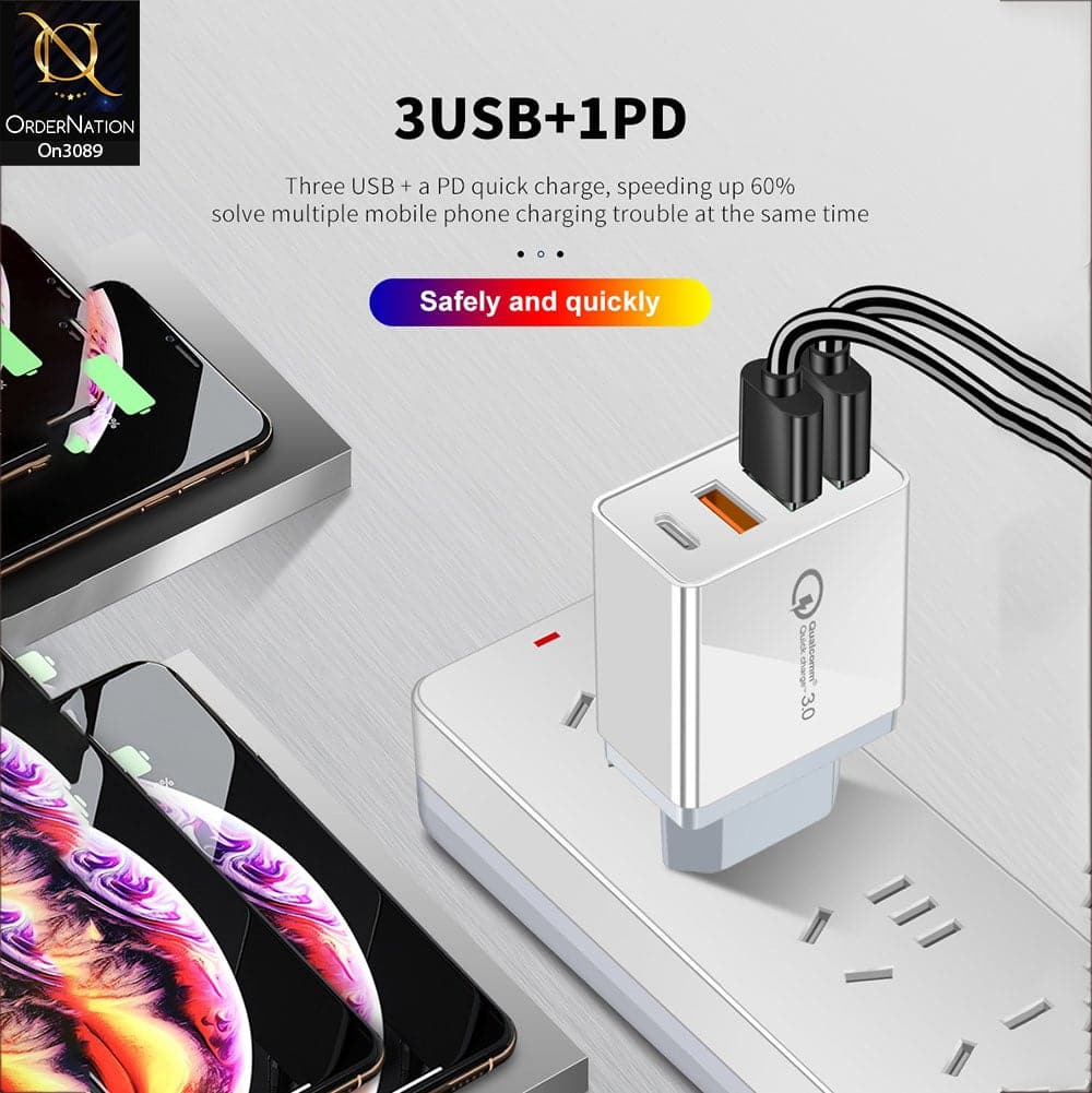 SLS-B09 - Qualcomm 3.0 Quick 18 Watts Wall Charger With 3 Usb Ports For Latest iPhone, Samsung, Vivo, Infnix, Oppo, Xiaomi, etc Smartphones