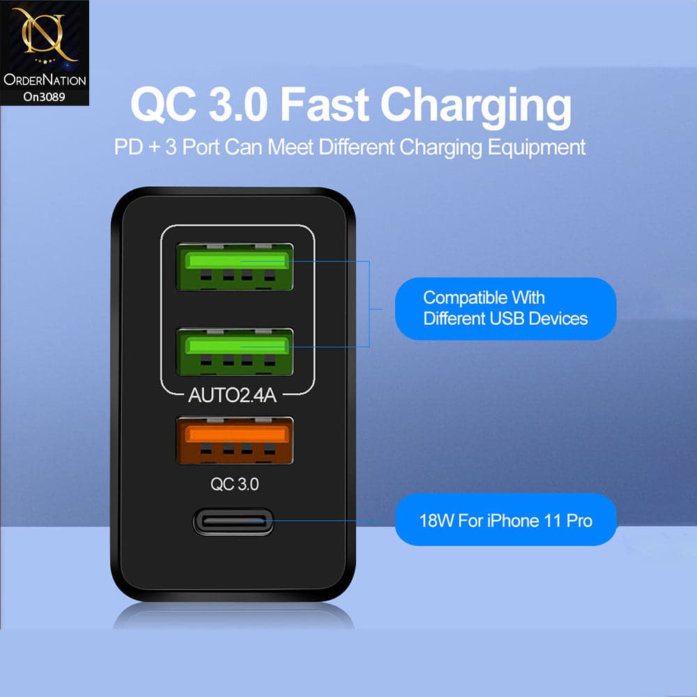 SLS-B09 - Qualcomm 3.0 Quick 18 Watts Wall Charger With 3 Usb Ports For Latest iPhone, Samsung, Vivo, Infnix, Oppo, Xiaomi, etc Smartphones