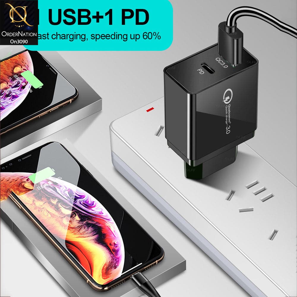 SLS-B08 - Qualcomm 3.0 Quick Wall Charger With 1 Usb Port and 2.0 QC PD intelligent Fast Charge For Latest iPhone, Samsung, Vivo, Infnix, Oppo, Xiaomi, etc Smartphones