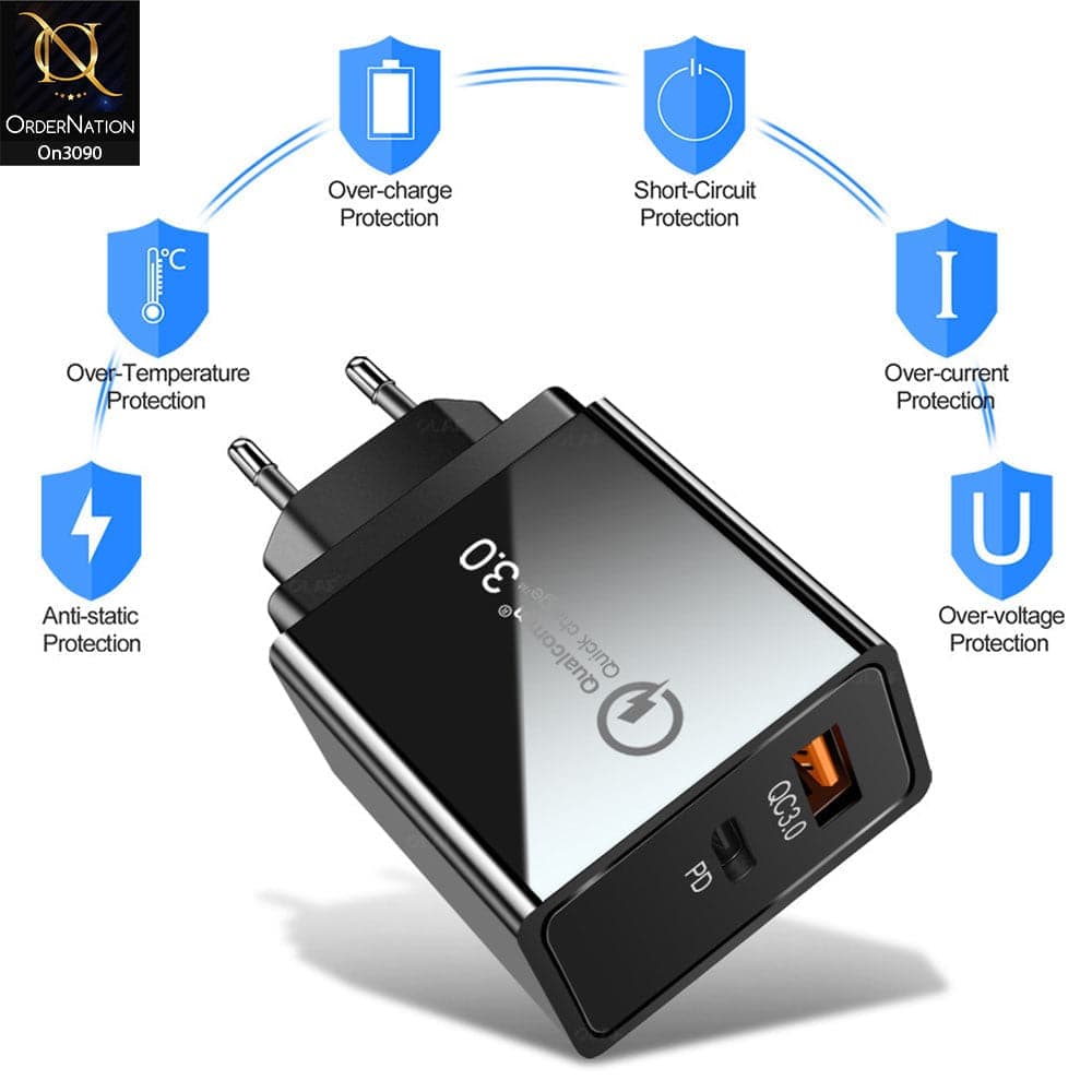 SLS-B08 - Qualcomm 3.0 Quick Wall Charger With 1 Usb Port and 2.0 QC PD intelligent Fast Charge For Latest iPhone, Samsung, Vivo, Infnix, Oppo, Xiaomi, etc Smartphones