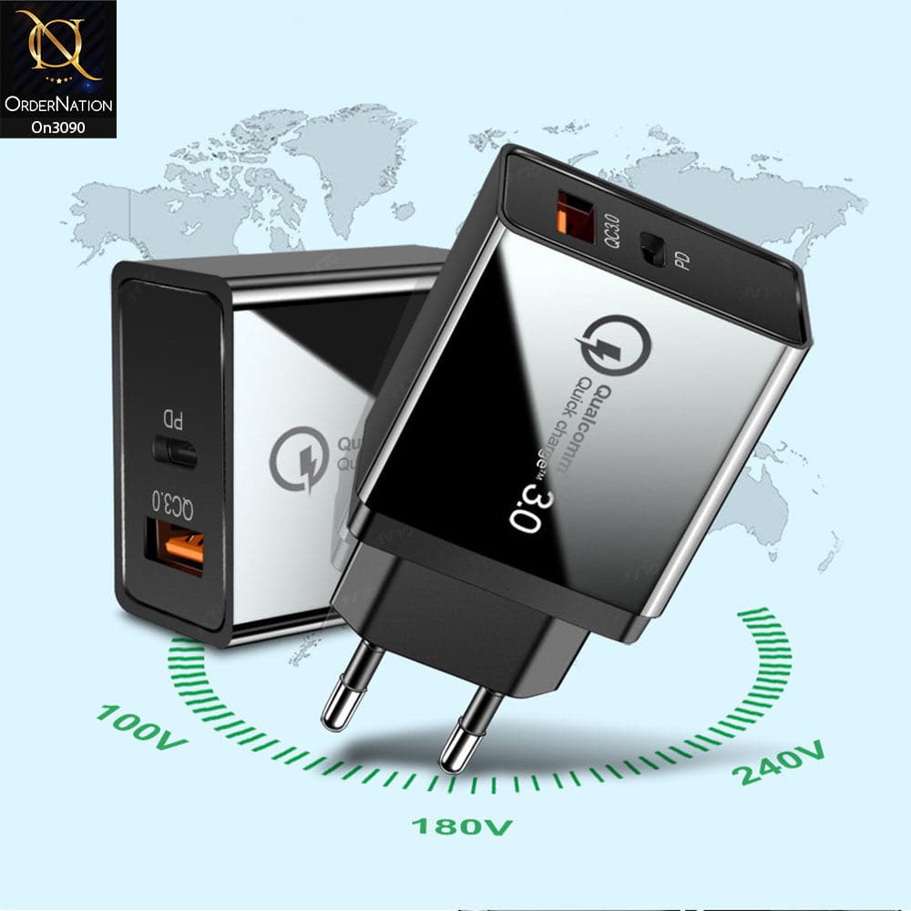 SLS-B08 - Qualcomm 3.0 Quick Wall Charger With 1 Usb Port and 2.0 QC PD intelligent Fast Charge For Latest iPhone, Samsung, Vivo, Infnix, Oppo, Xiaomi, etc Smartphones