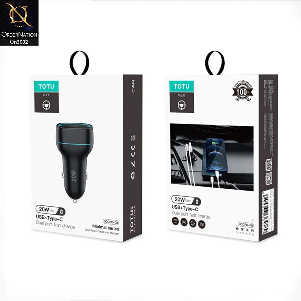 Black - ToTu 20W - DCCPD-08 - Minimal Series Dual USB Output Fast Charging Car Charger