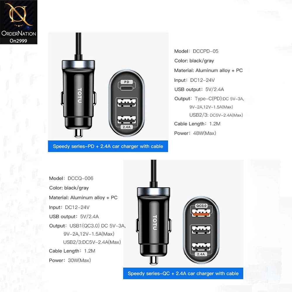 Black And Gray - ToTu 30W - DCCQ-006 - Speedy Series 4 USB Output Fast Car Charging Charger