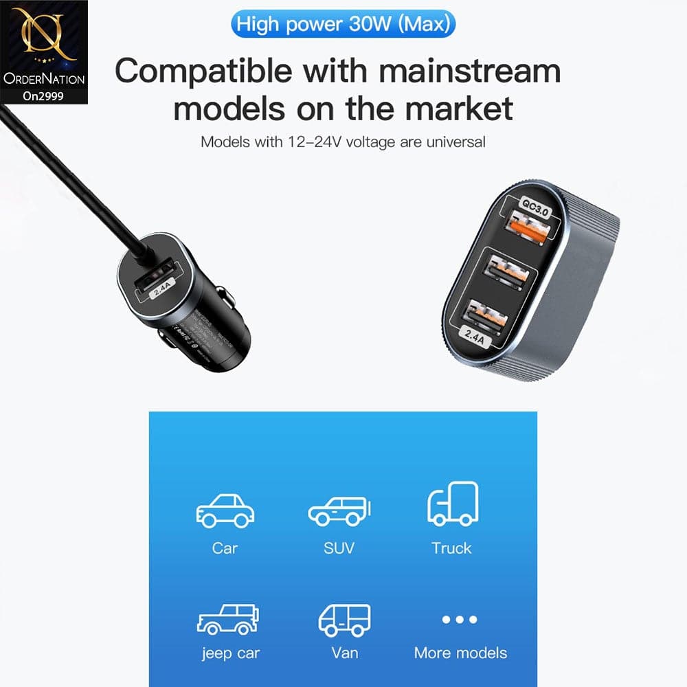 Black And Gray - ToTu 30W - DCCQ-006 - Speedy Series 4 USB Output Fast Car Charging Charger