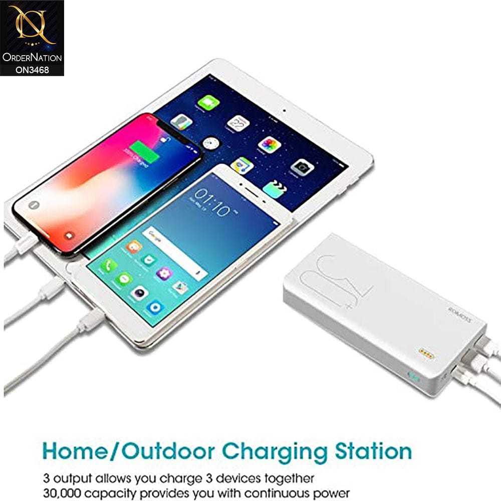 White -Romoss sense 8 30000mAh 18W Fast Charge Type-C PD 3 Outputs & 3 Inputs Power Bank