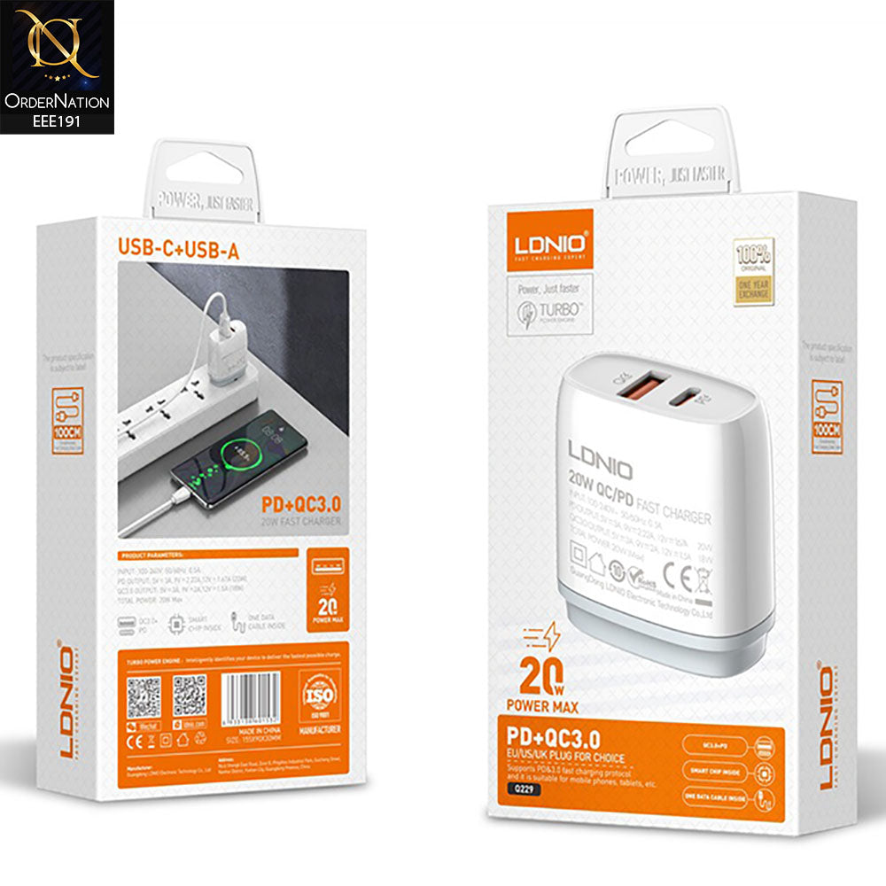 LDNIO Q229 20W Type-C And Type-A PD+QC3.0 Fast Charger - White