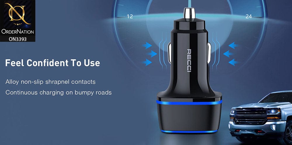 Blue - Recci RQ02 - Double Port Output 20W PD car charger QC 3.0 Fast Charging With Blue Light Effect