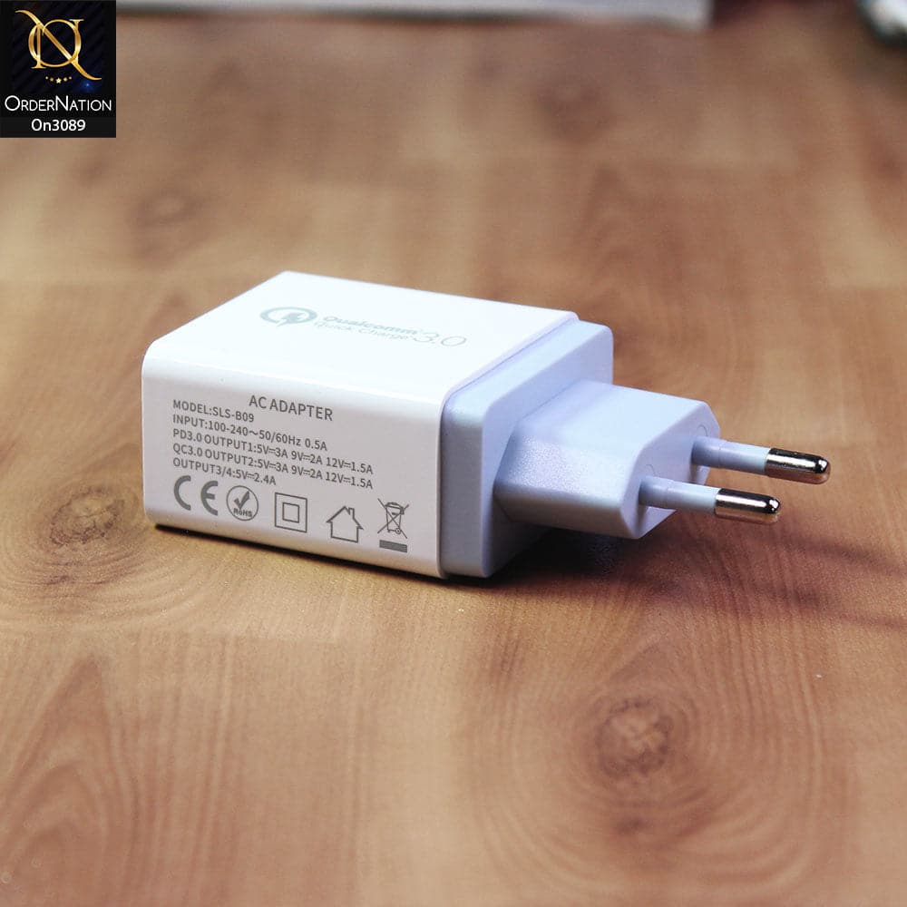 SLS-B09 - Qualcomm 3.0 Quick 18 Watts Wall Charger With 3 Usb Ports For Latest iPhone, Samsung, Vivo, Infnix, Oppo, Xiaomi, etc Smartphones