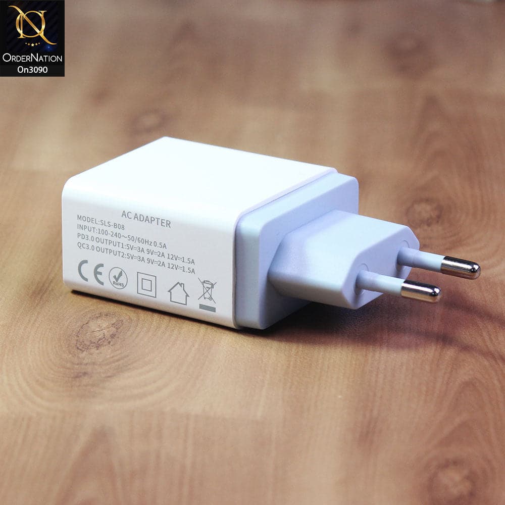 SLS-B08 - Qualcomm 3.0 Quick Wall Charger With 1 Usb Port and 2.0 QC PD intelligent Fast Charge For Latest iPhone, Samsung, Vivo, Infnix, Oppo, Xiaomi, etc Smartphones