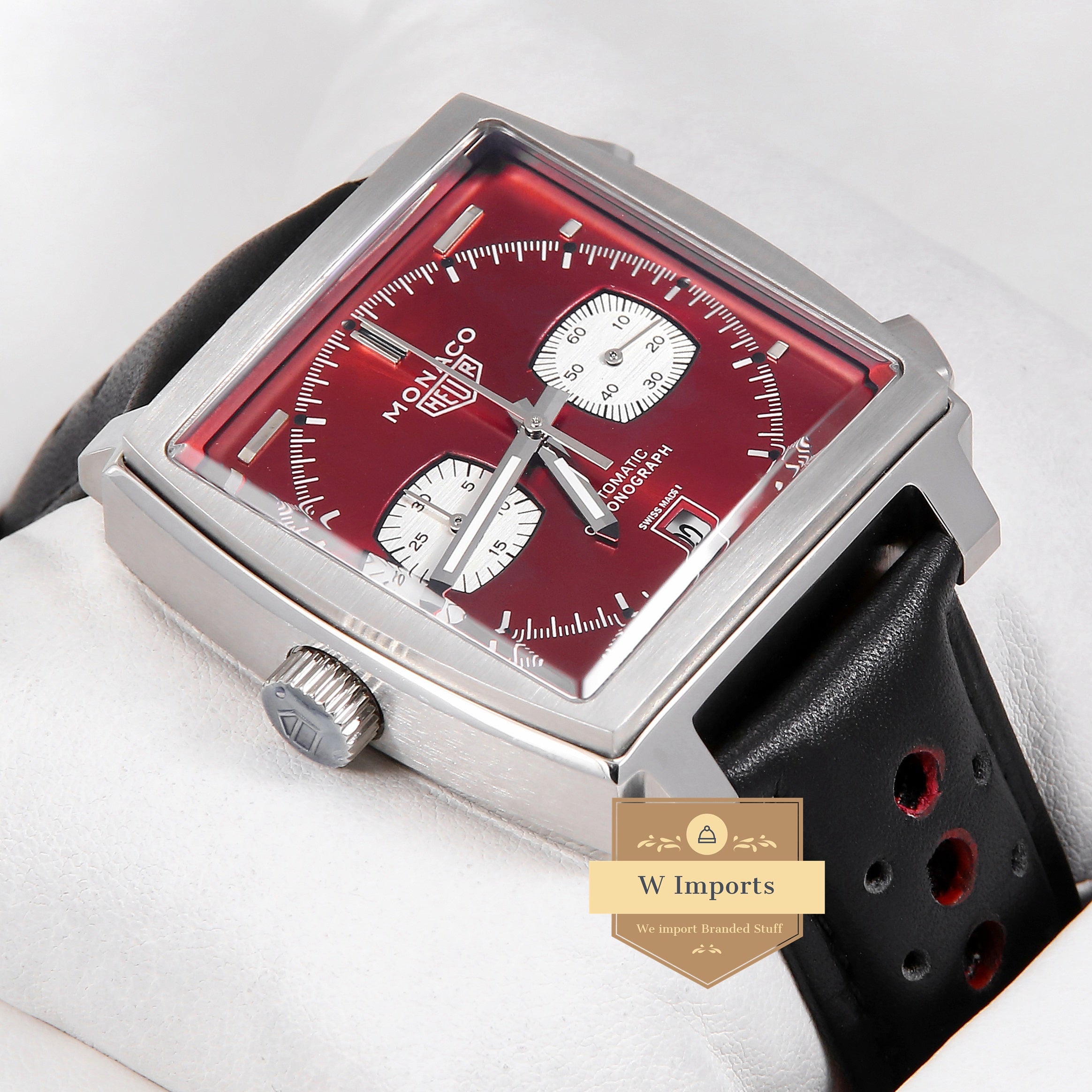 Latest Collection Silver Case With Red Dial Black Leather Strap