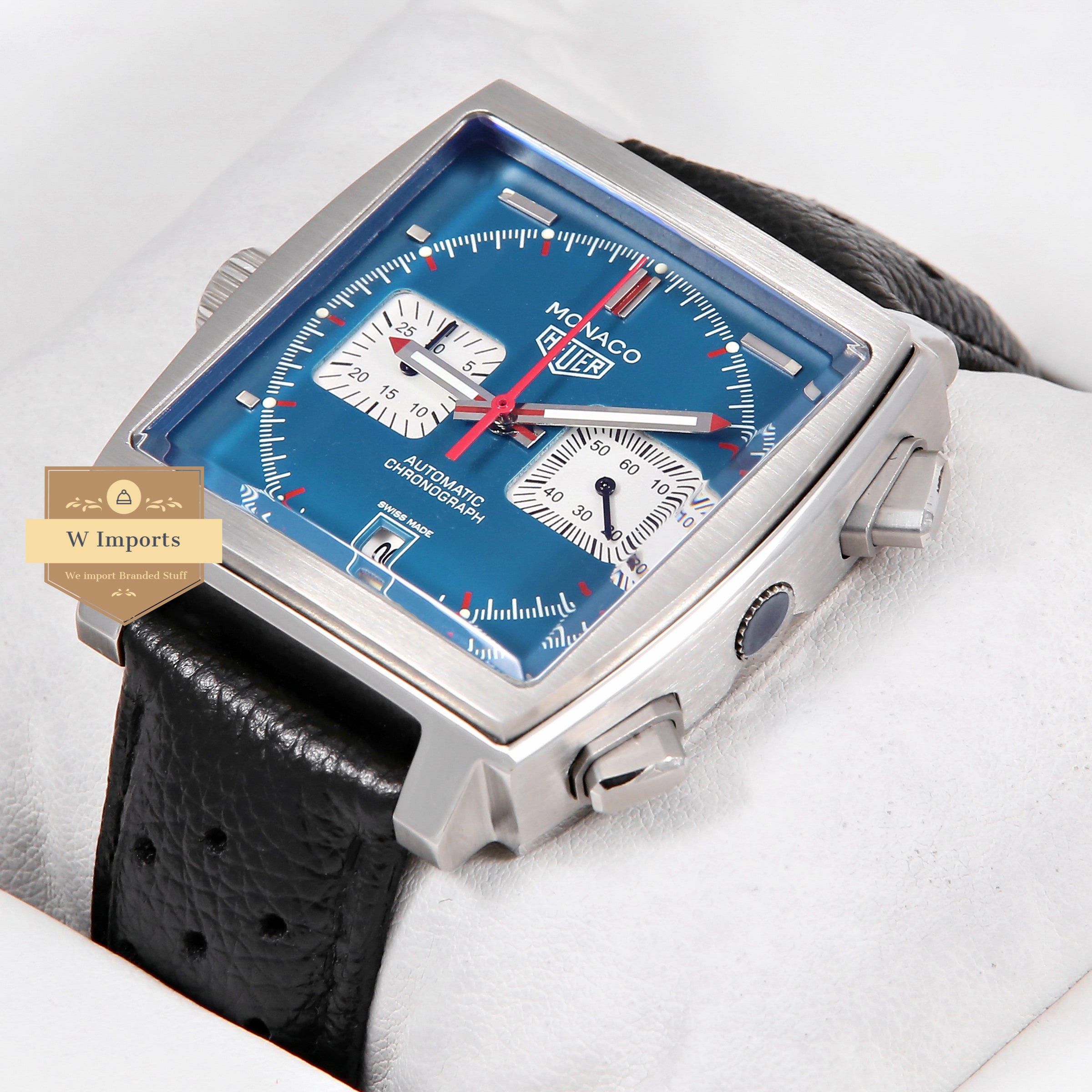 Latest Collection Chronograph Silver Case With Blue Dial & Black Dotted Leather Strap