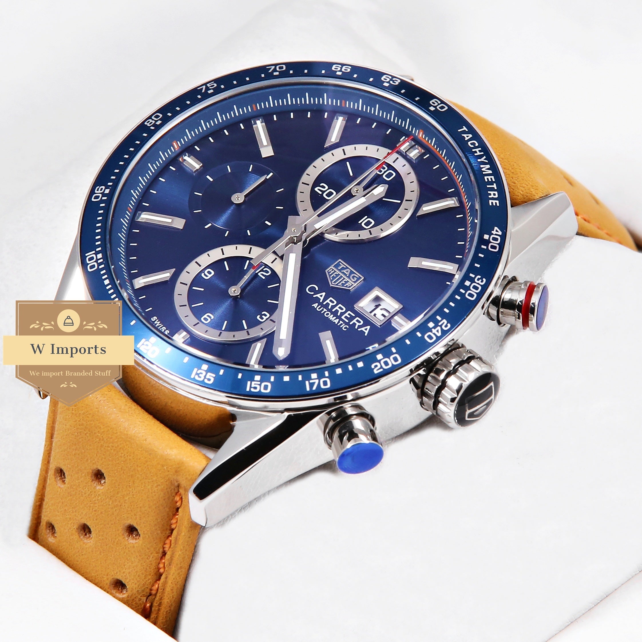 Latest Collection Chronograph Silver Case With Blue Dial & Brown Leather Strap
