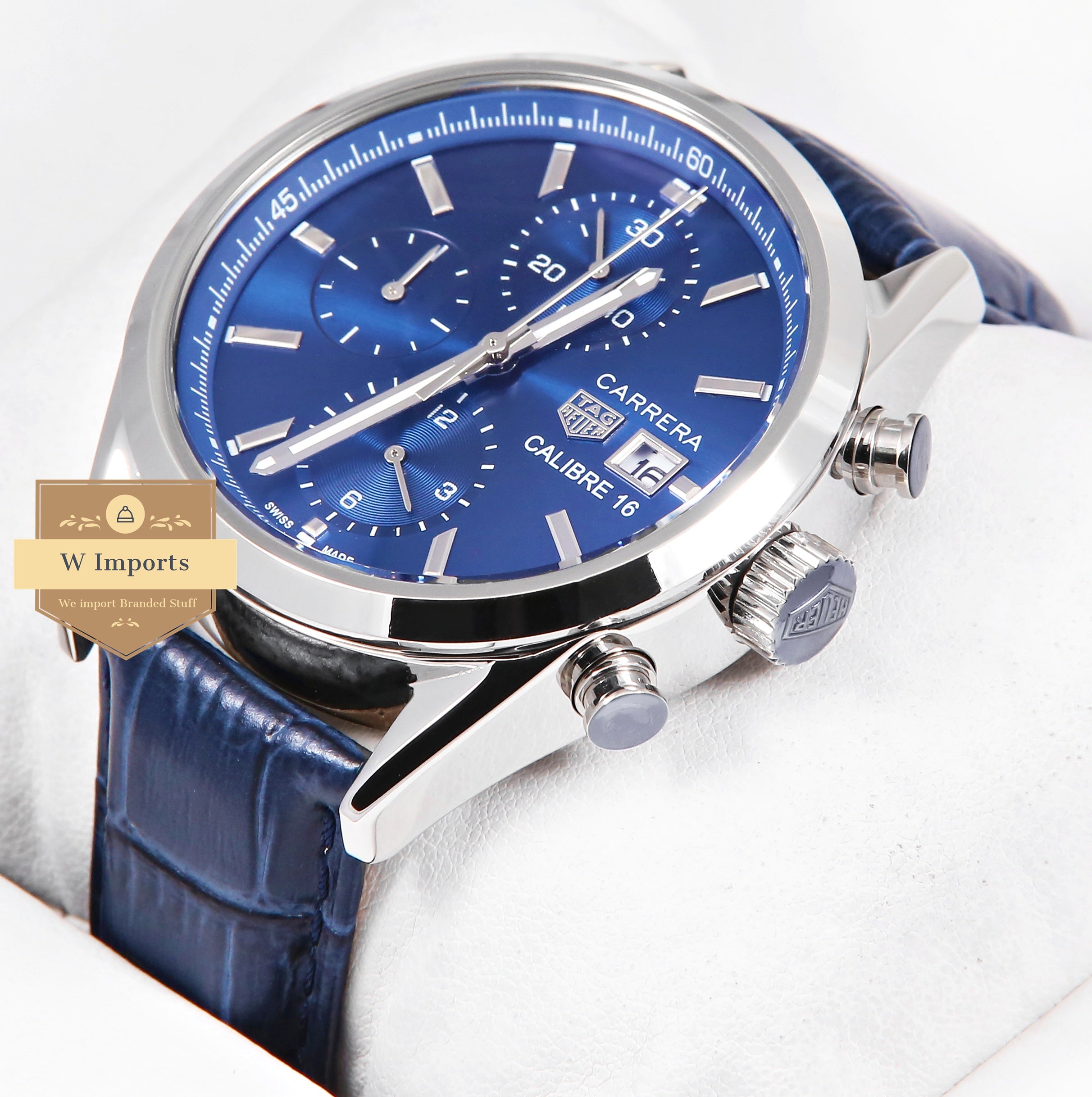 Latest Collection Chronograph Silver Case With Blue Dial & Blue Leather Strap