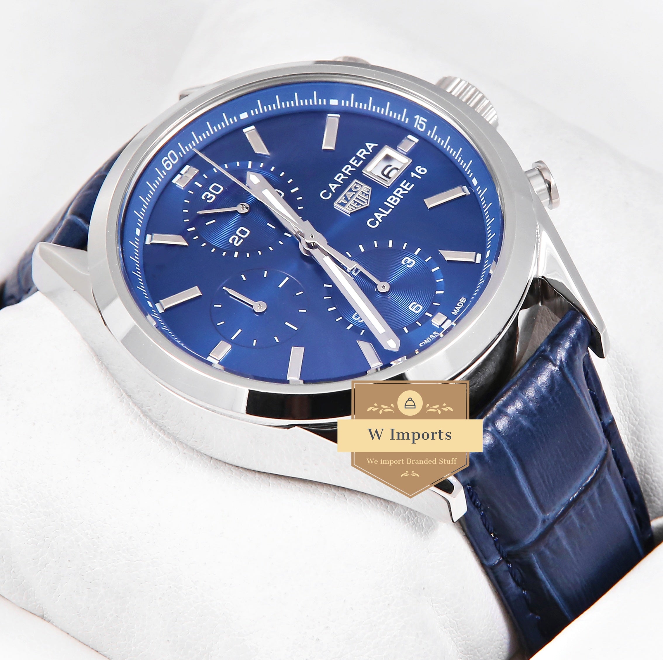 Latest Collection Chronograph Silver Case With Blue Dial & Blue Leather Strap