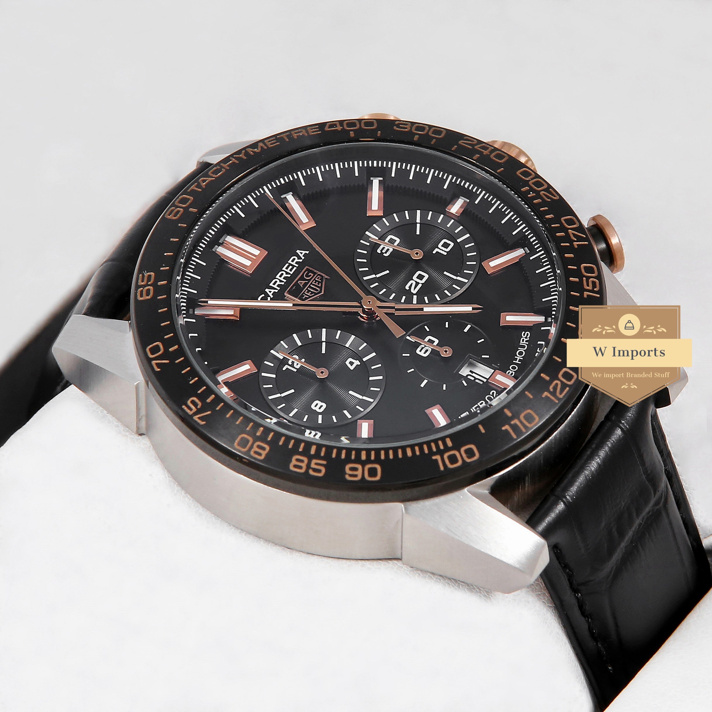 Latest Collection Chronograph Silver Case With Black Dial & Black Leather Strap
