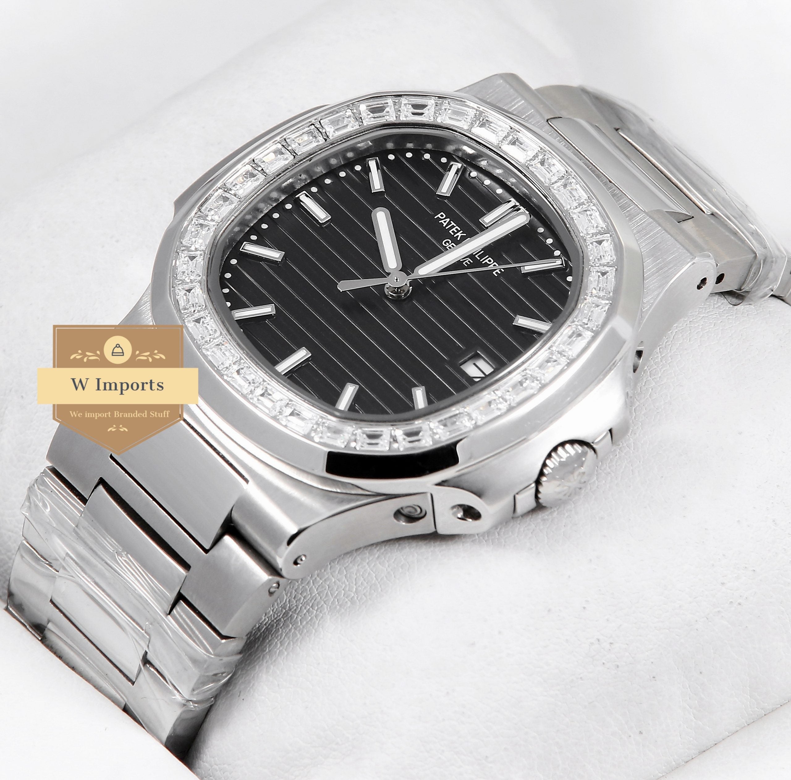Latest Collection All Silver Stone Bezel With Black Dial