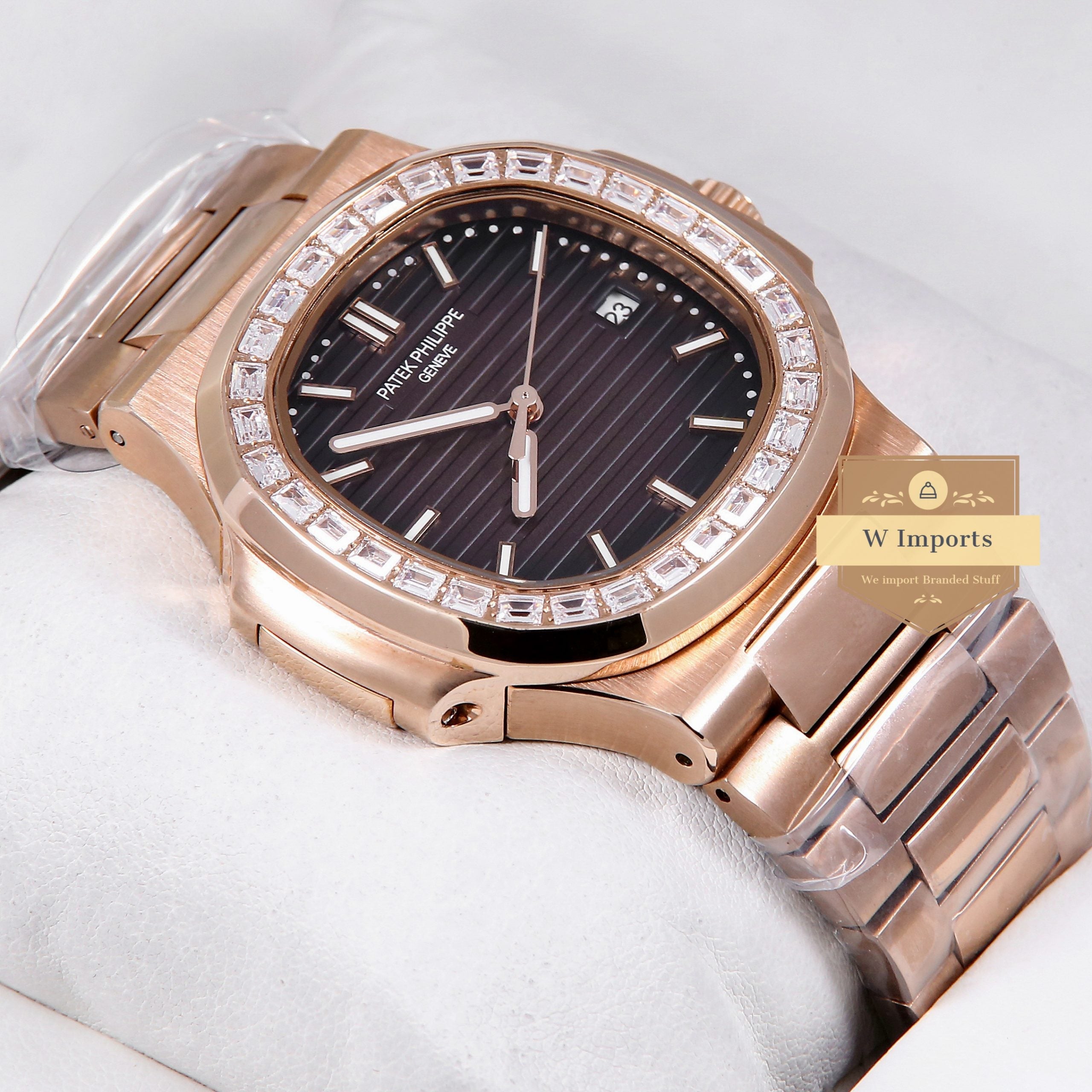Latest Collection Rose Gold Case Stone Bezel With Brown Dial