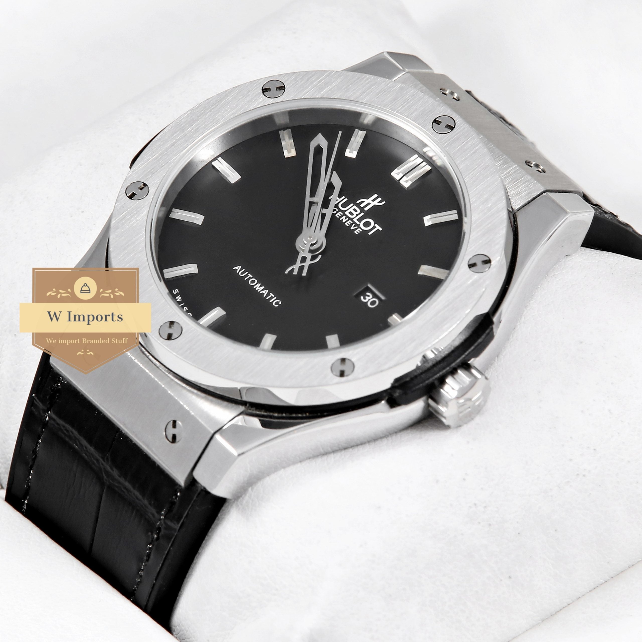 Latest Collection Silver Case With Black Dial & Leather Strap Automatic Watch