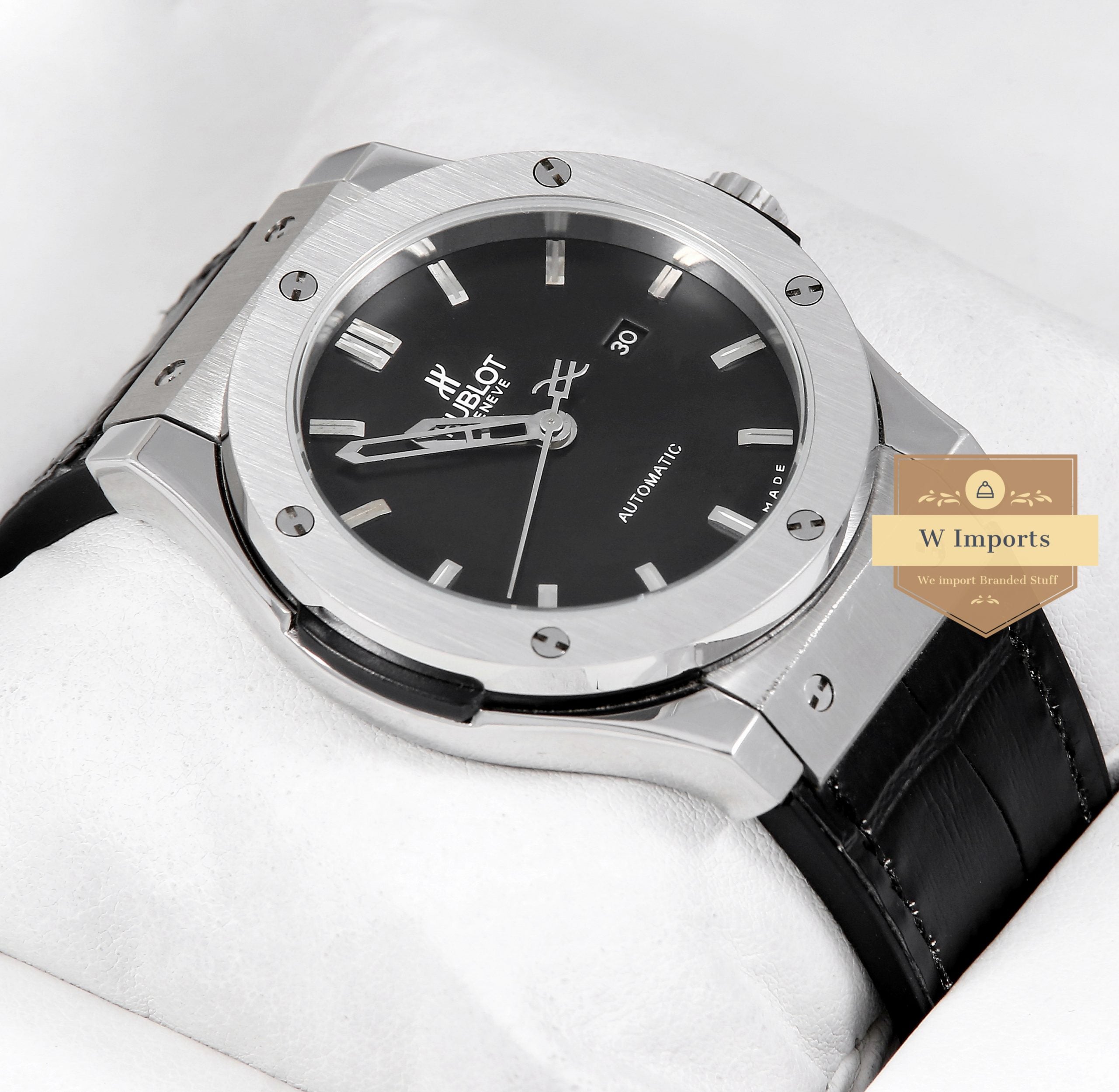 Latest Collection Silver Case With Black Dial & Leather Strap Automatic Watch