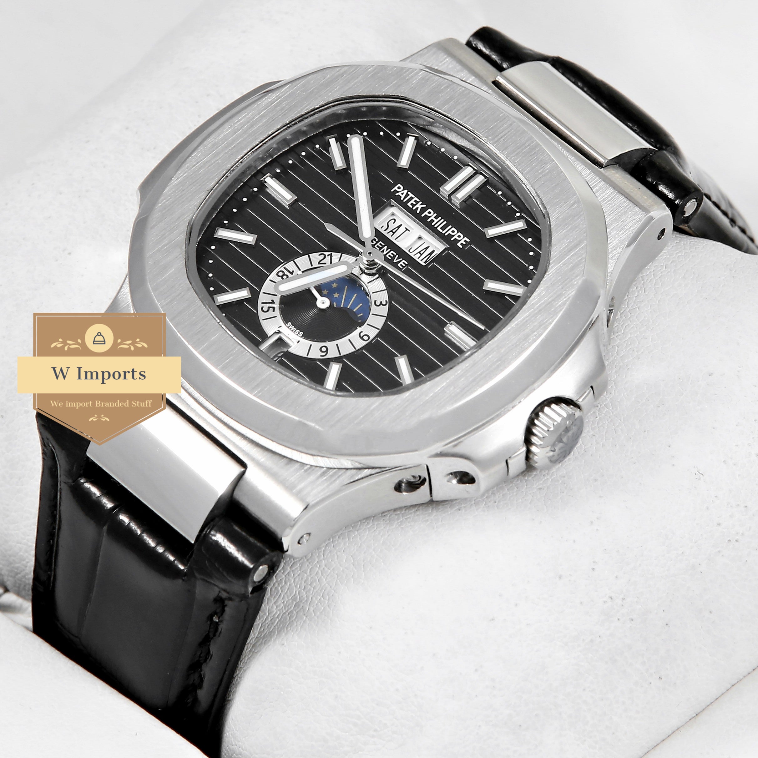 Latest Collection Annual Calendar Moon Phase Silver With Black Dial & Leather Strap
