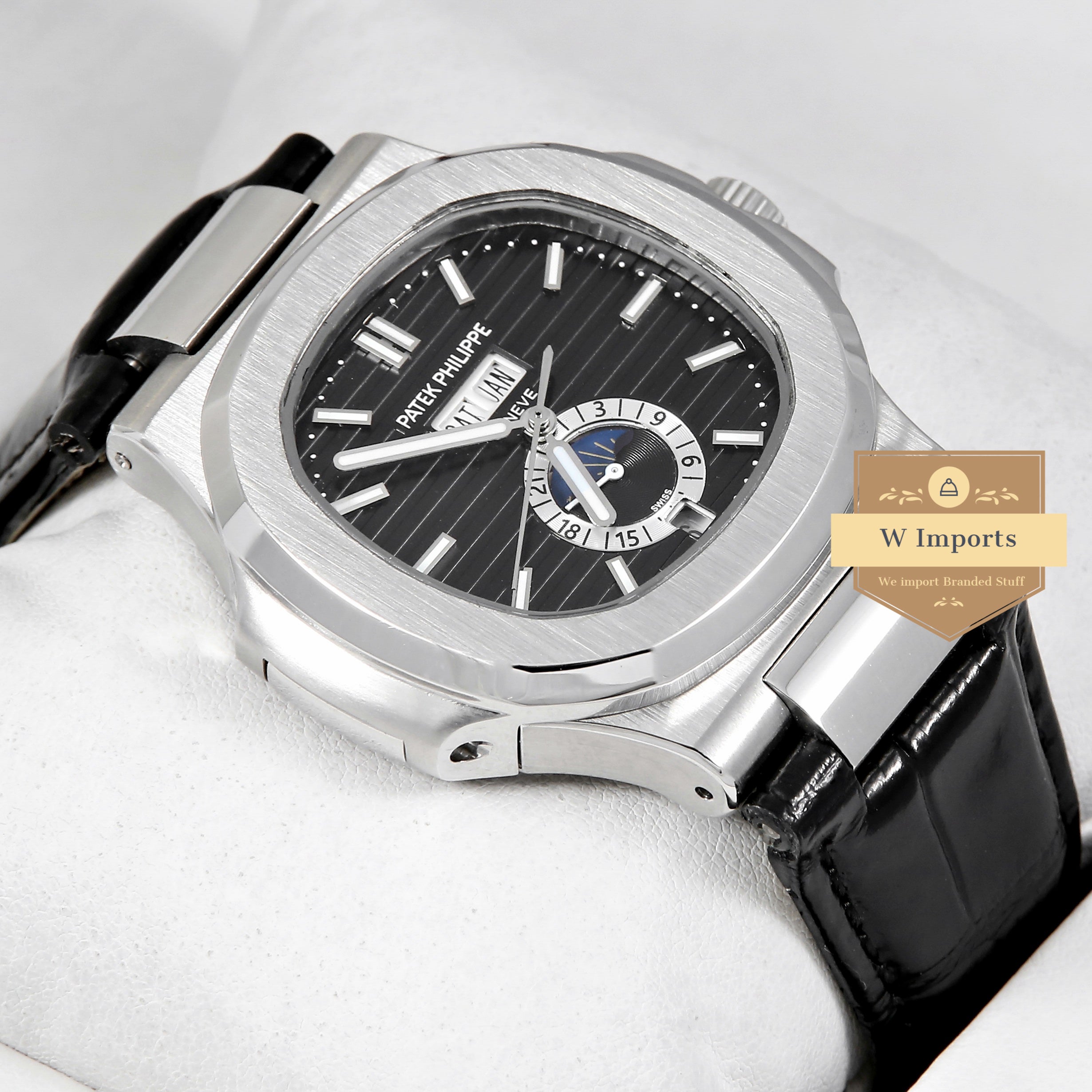 Latest Collection Annual Calendar Moon Phase Silver With Black Dial & Leather Strap