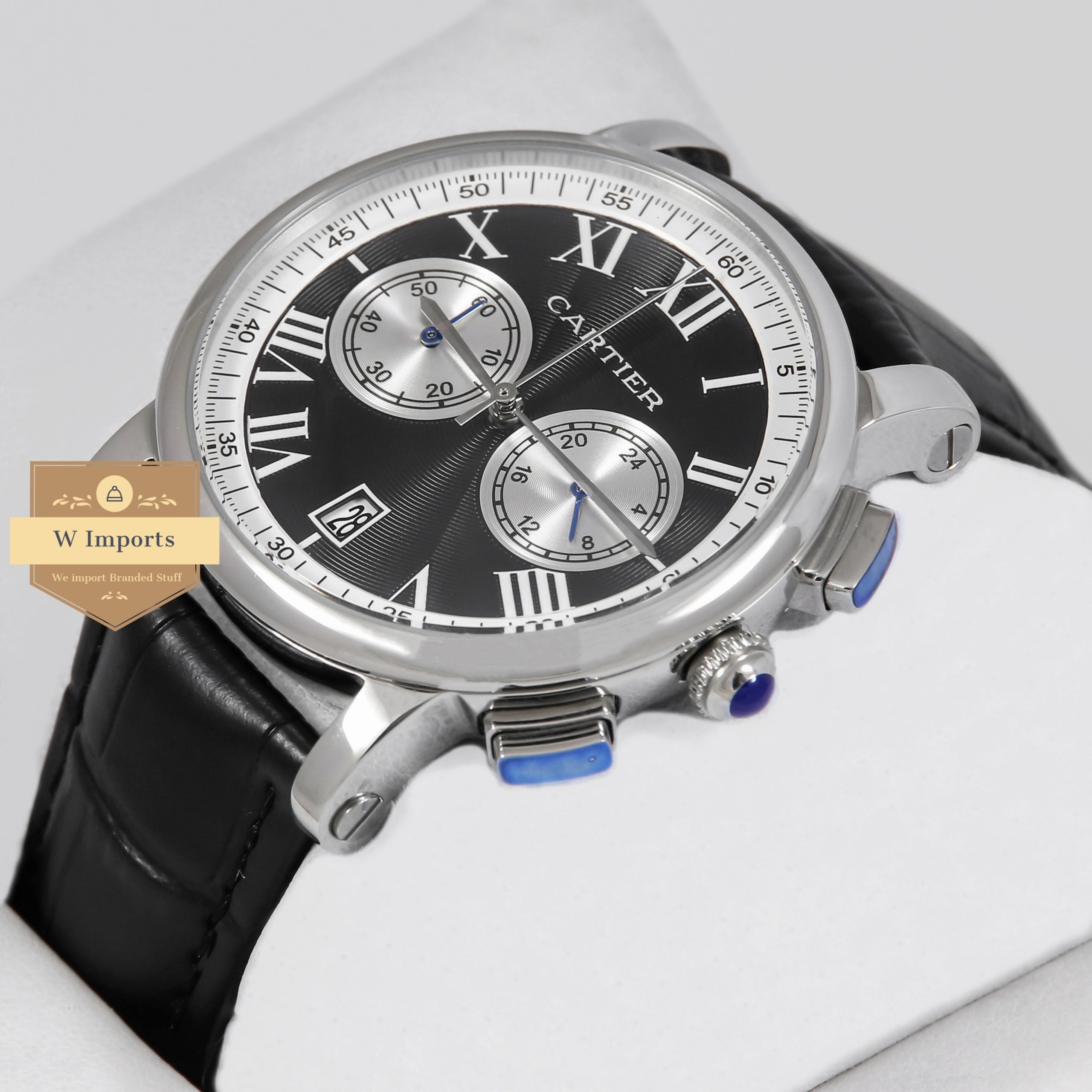 Latest Collection Chronograph Silver Case With Black Dial & Leather Strap