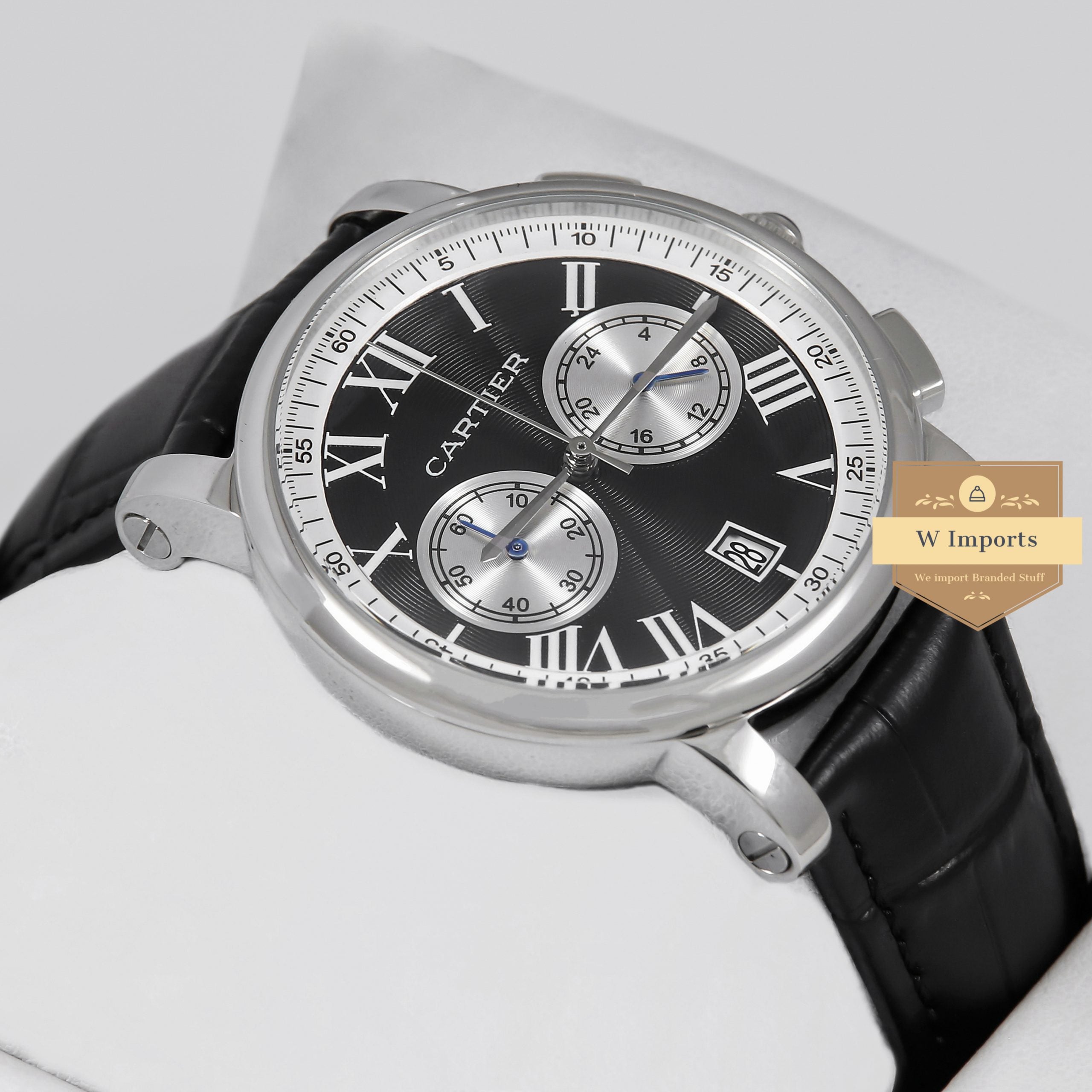 Latest Collection Chronograph Silver Case With Black Dial & Leather Strap