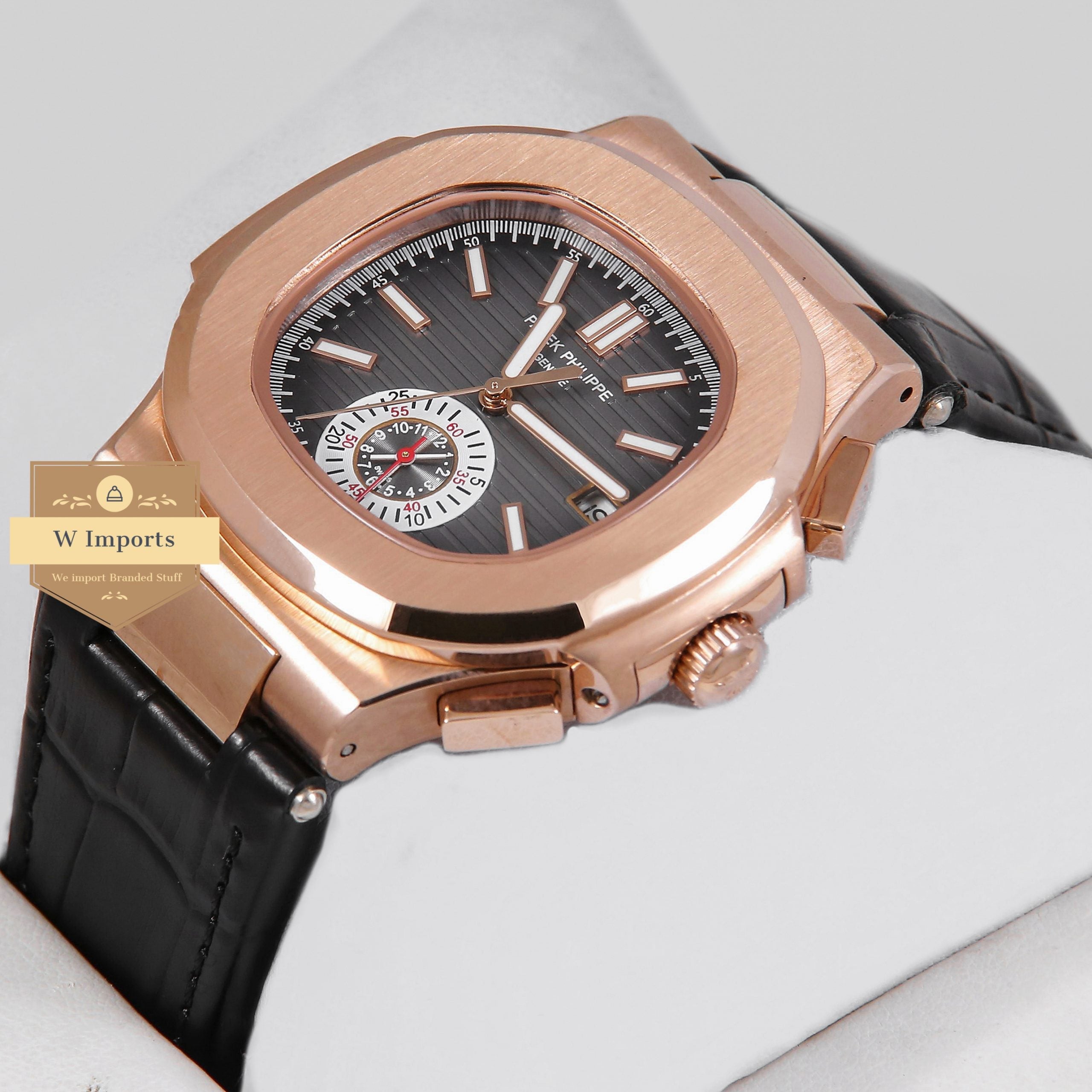 Latest Collection Chronograph Rose Gold Case With Deep Black Dial & Leather Strap Automatic Watch