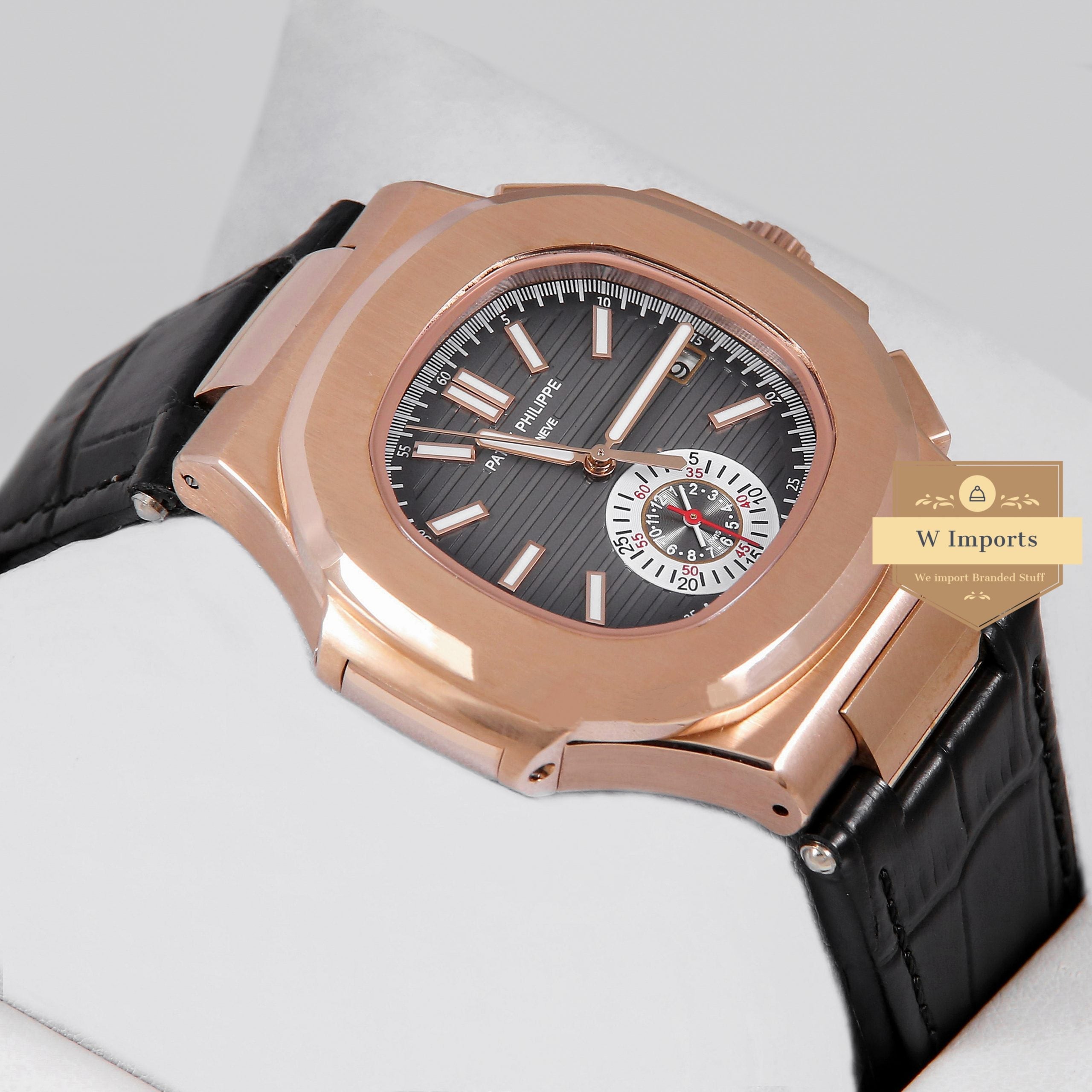 Latest Collection Chronograph Rose Gold Case With Deep Black Dial & Leather Strap Automatic Watch