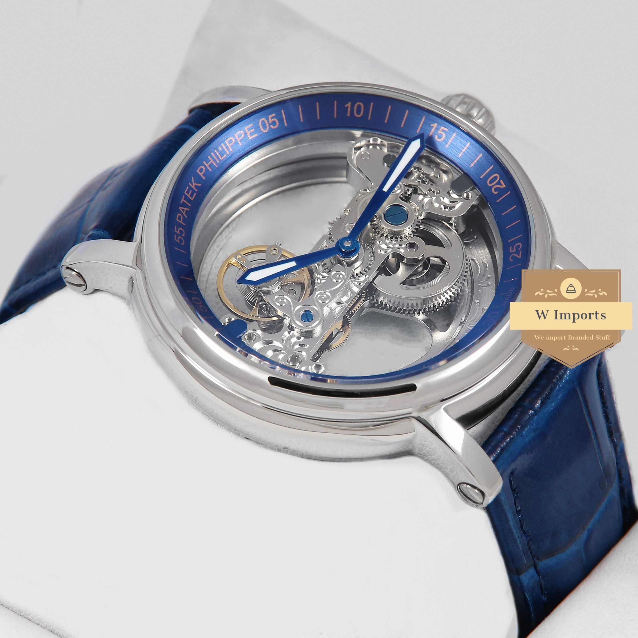 Latest Collection Transparent Skeleton Dial With Silver Case & Blue Leather Strap For Men