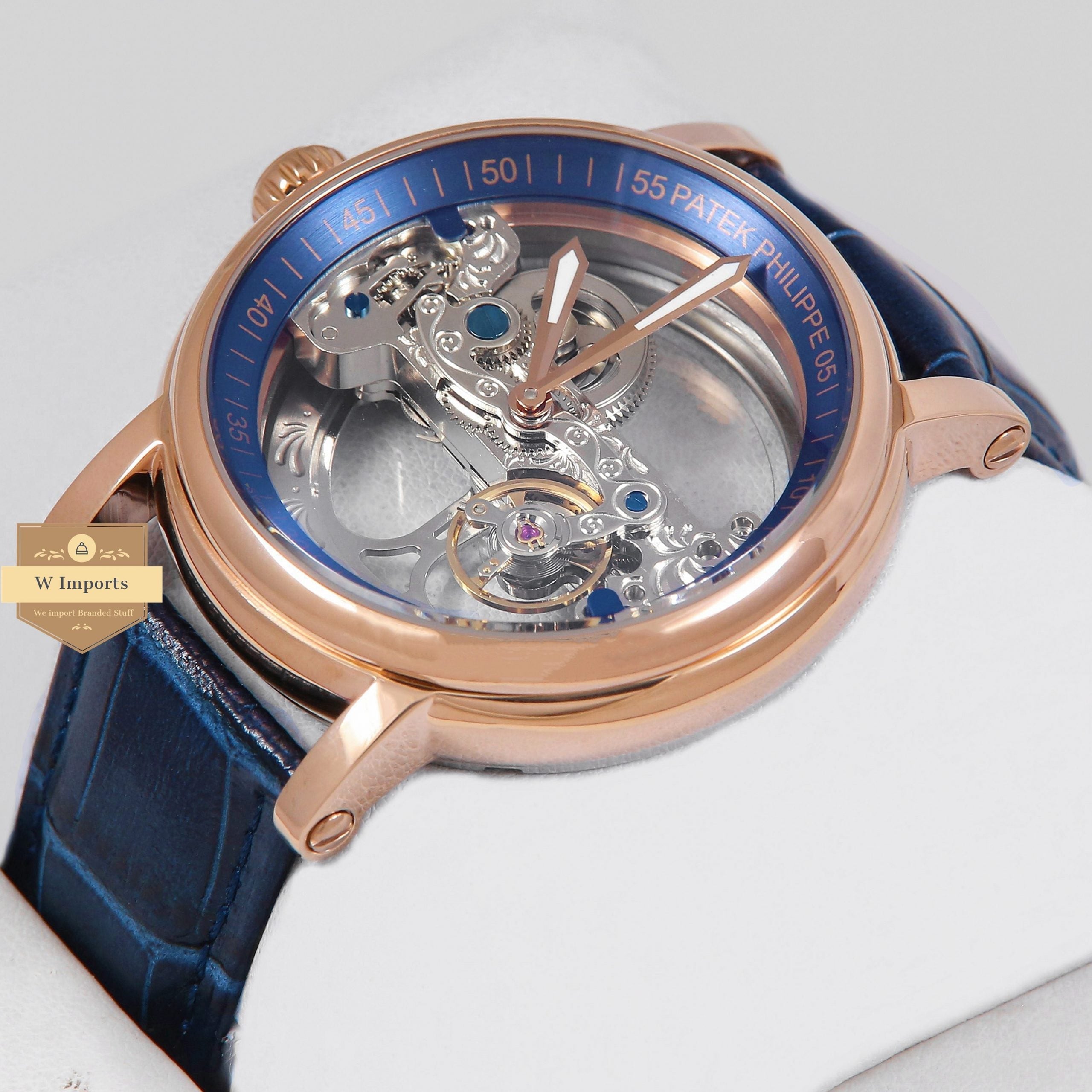 Latest Collection Tranparent Skeleton Dial With Rose Gold Case & Blue Leather Strap