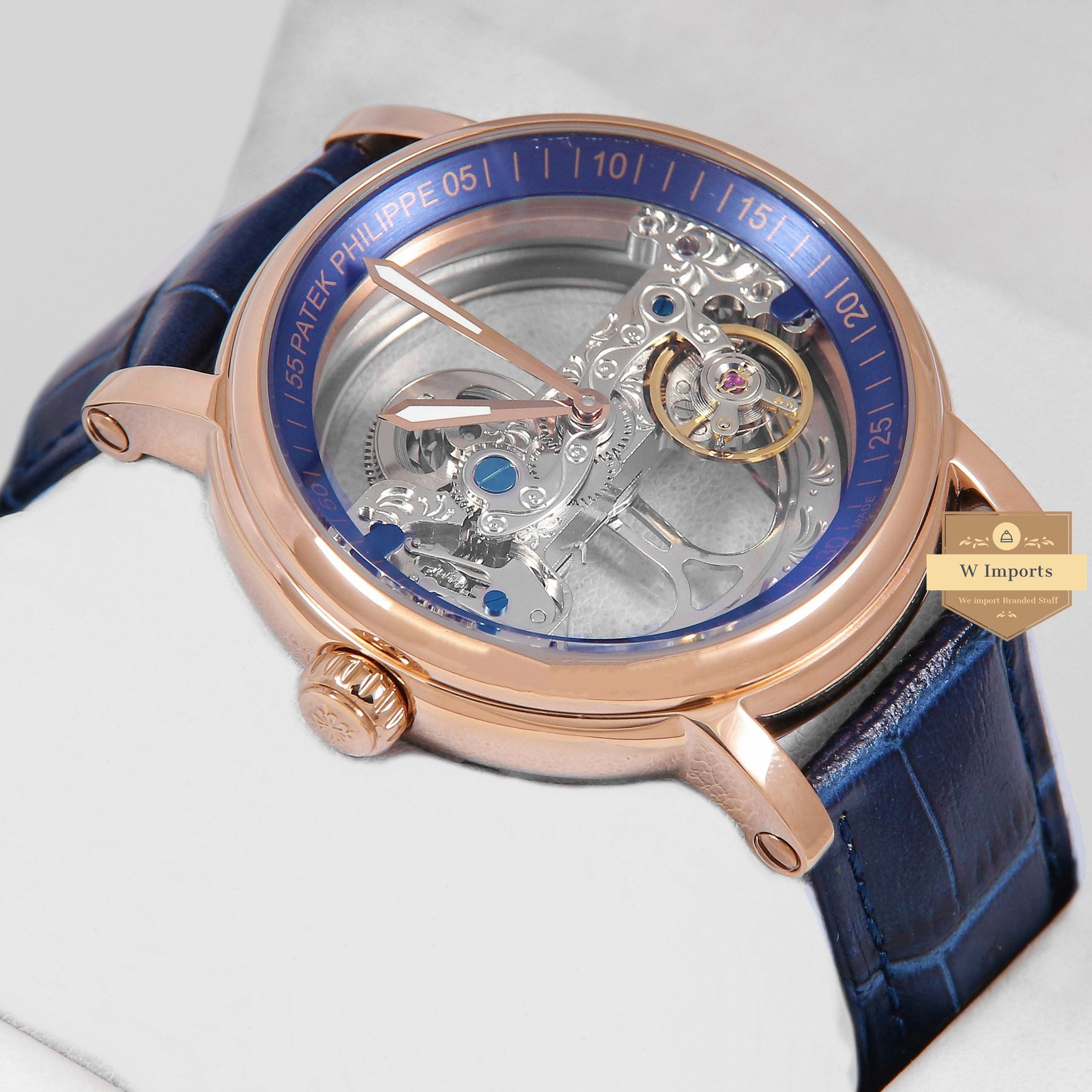 Latest Collection Tranparent Skeleton Dial With Rose Gold Case & Blue Leather Strap