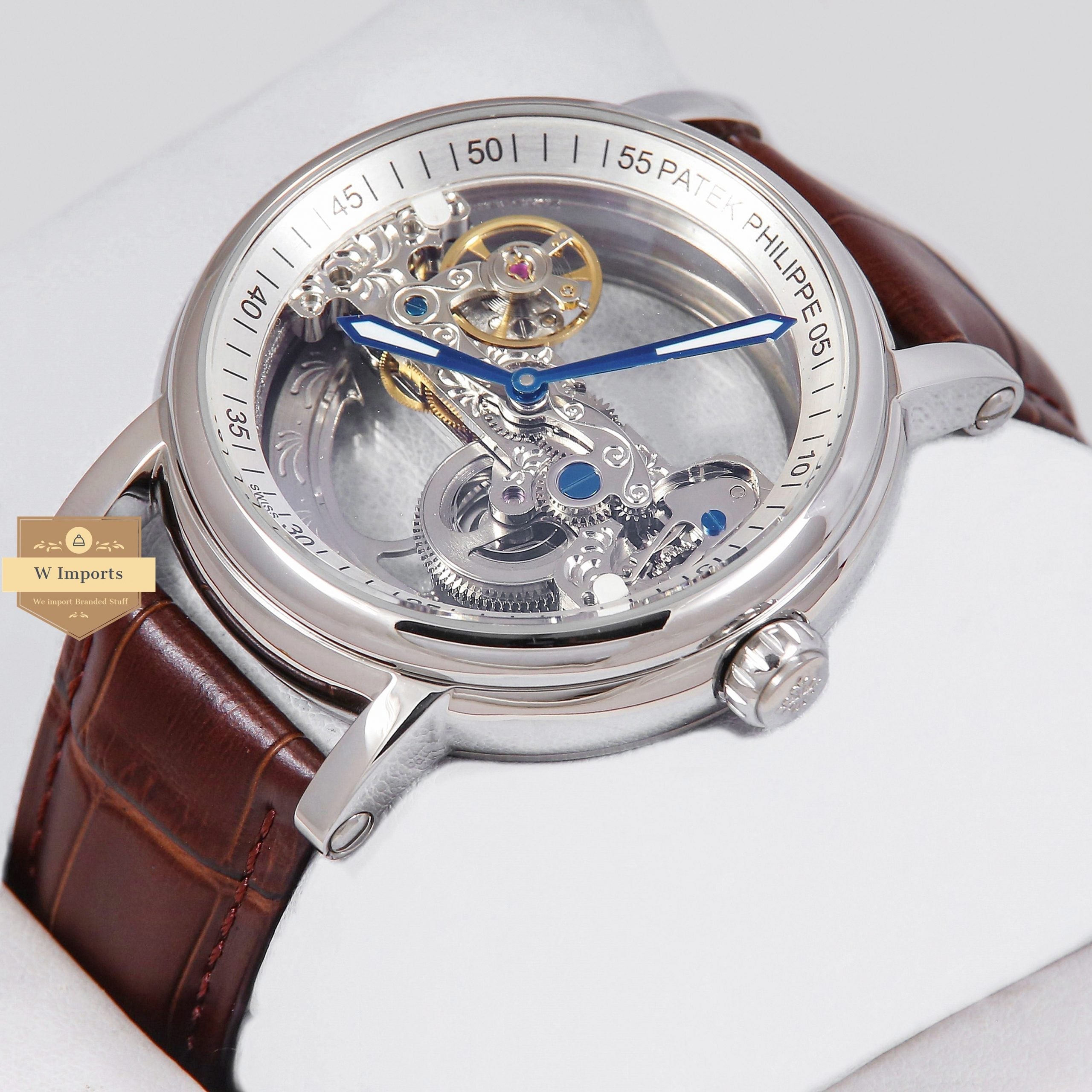 Latest Collection Transparent Skeleton Dial With Silver Case & Brown Leather Strap
