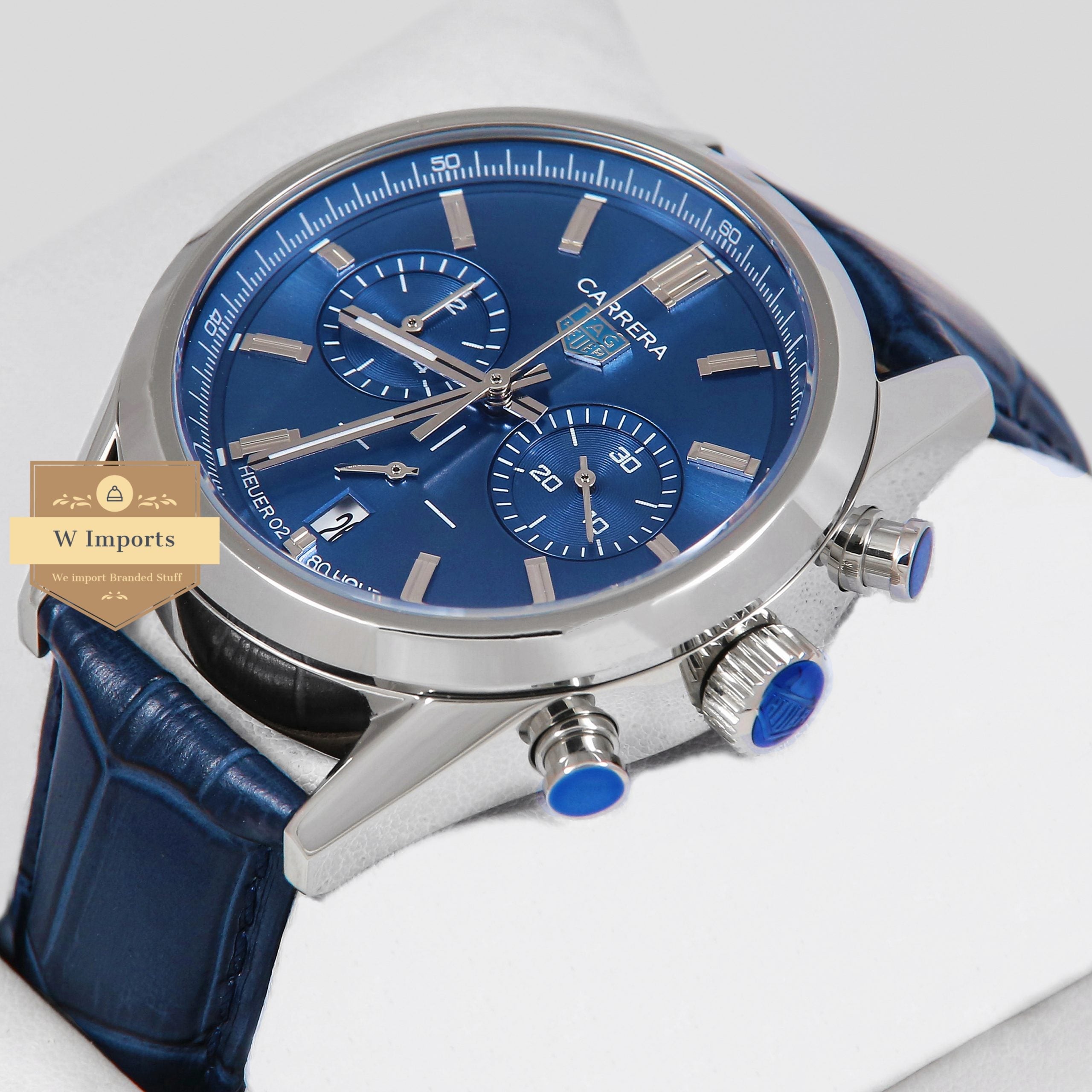 Latest Collection Chronograph Silver Case With Blue Dial & Leather Strap