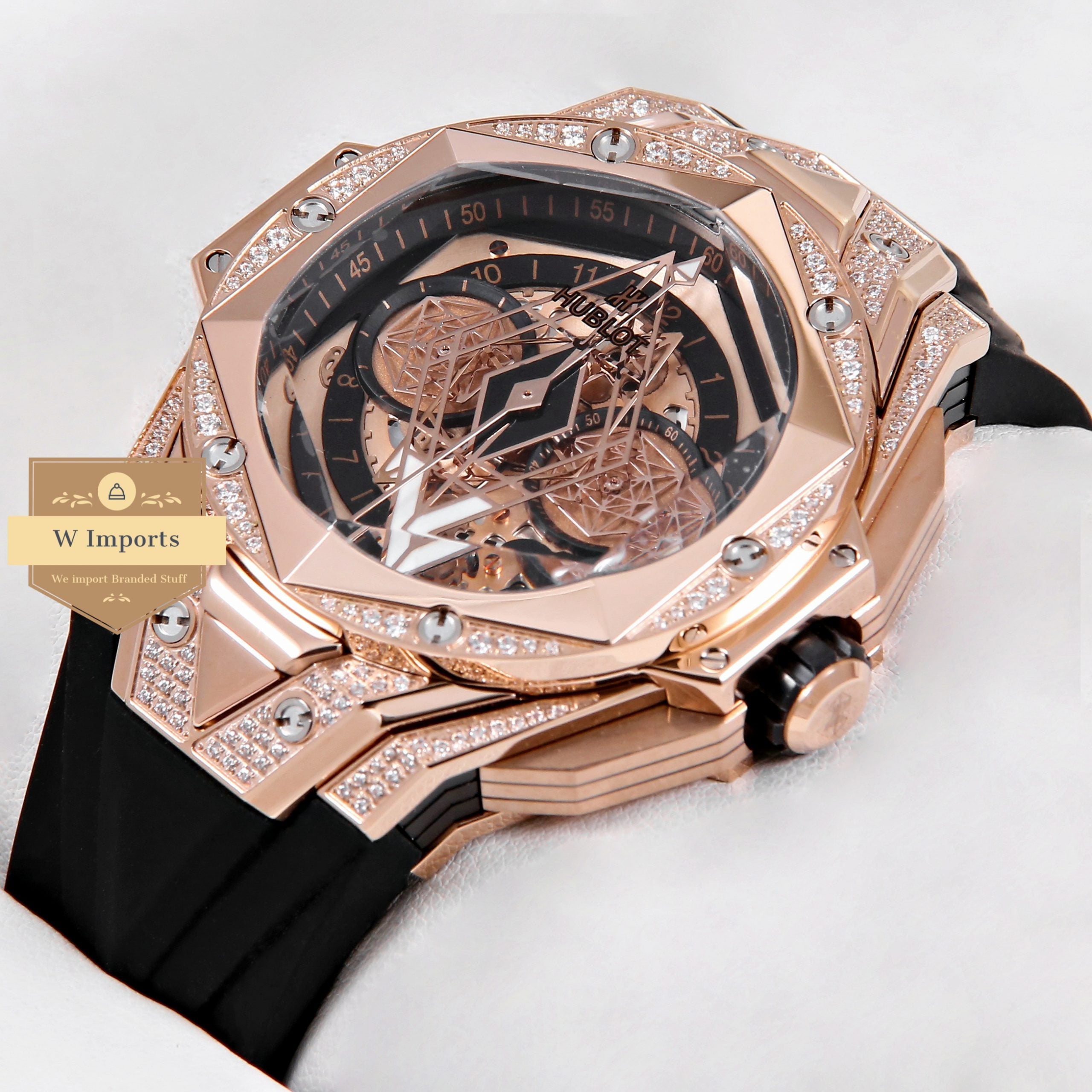 Latest Collection Chronograph Rose Gold Stone Case & Black Rubber Strap