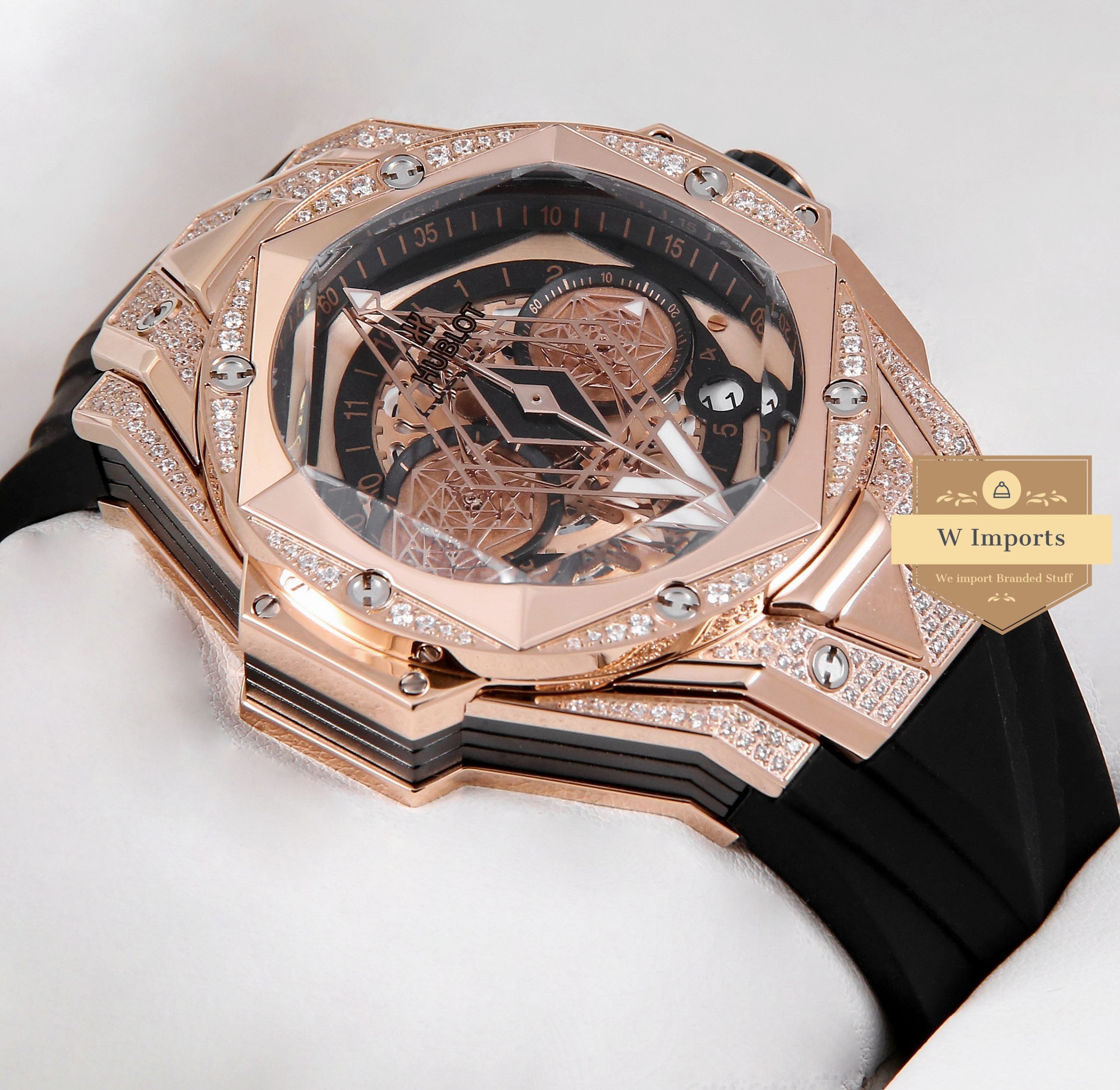 Latest Collection Chronograph Rose Gold Stone Case & Black Rubber Strap