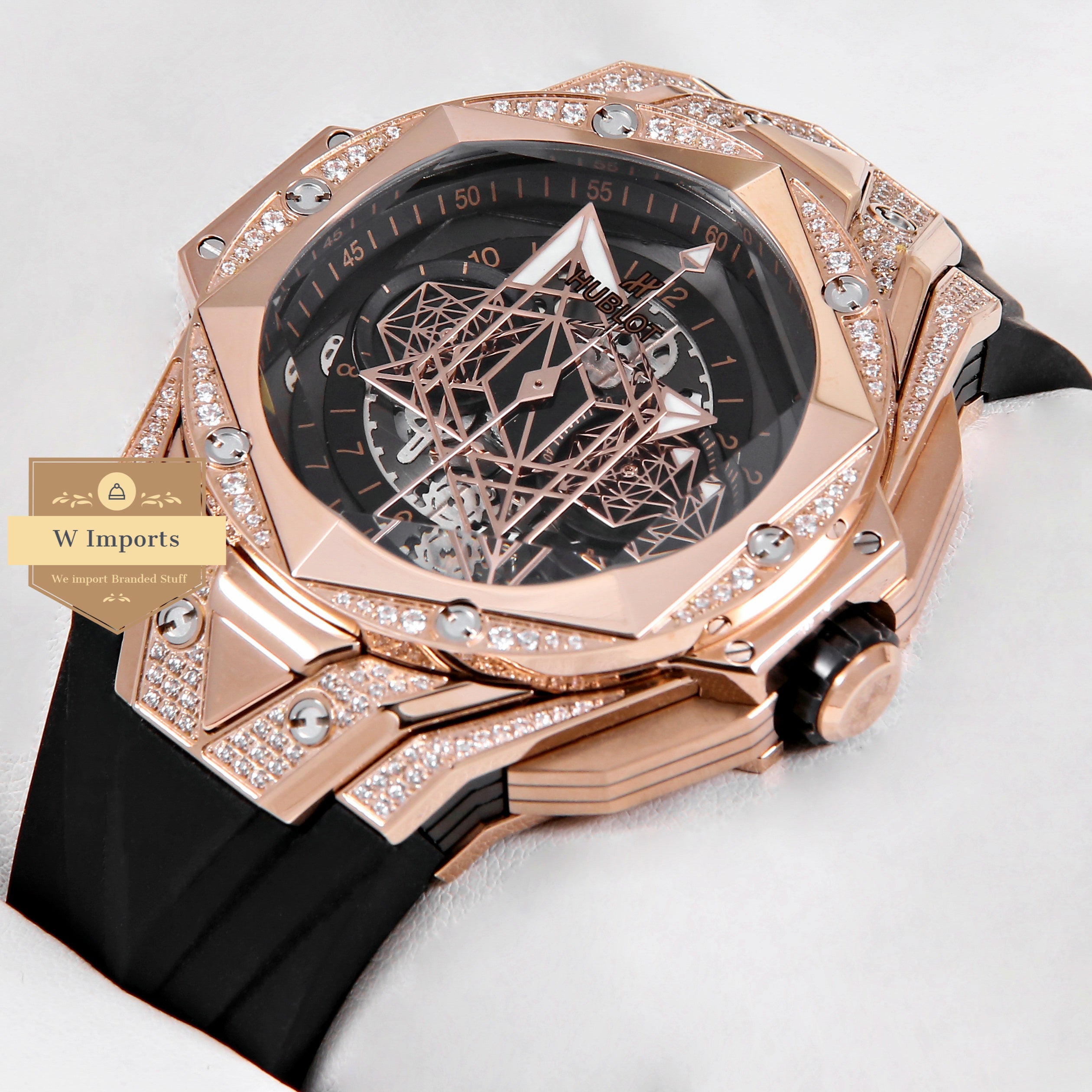 Latest Collection Chronograph Rose Gold With Stone Case Black Dial & Rubber Strap