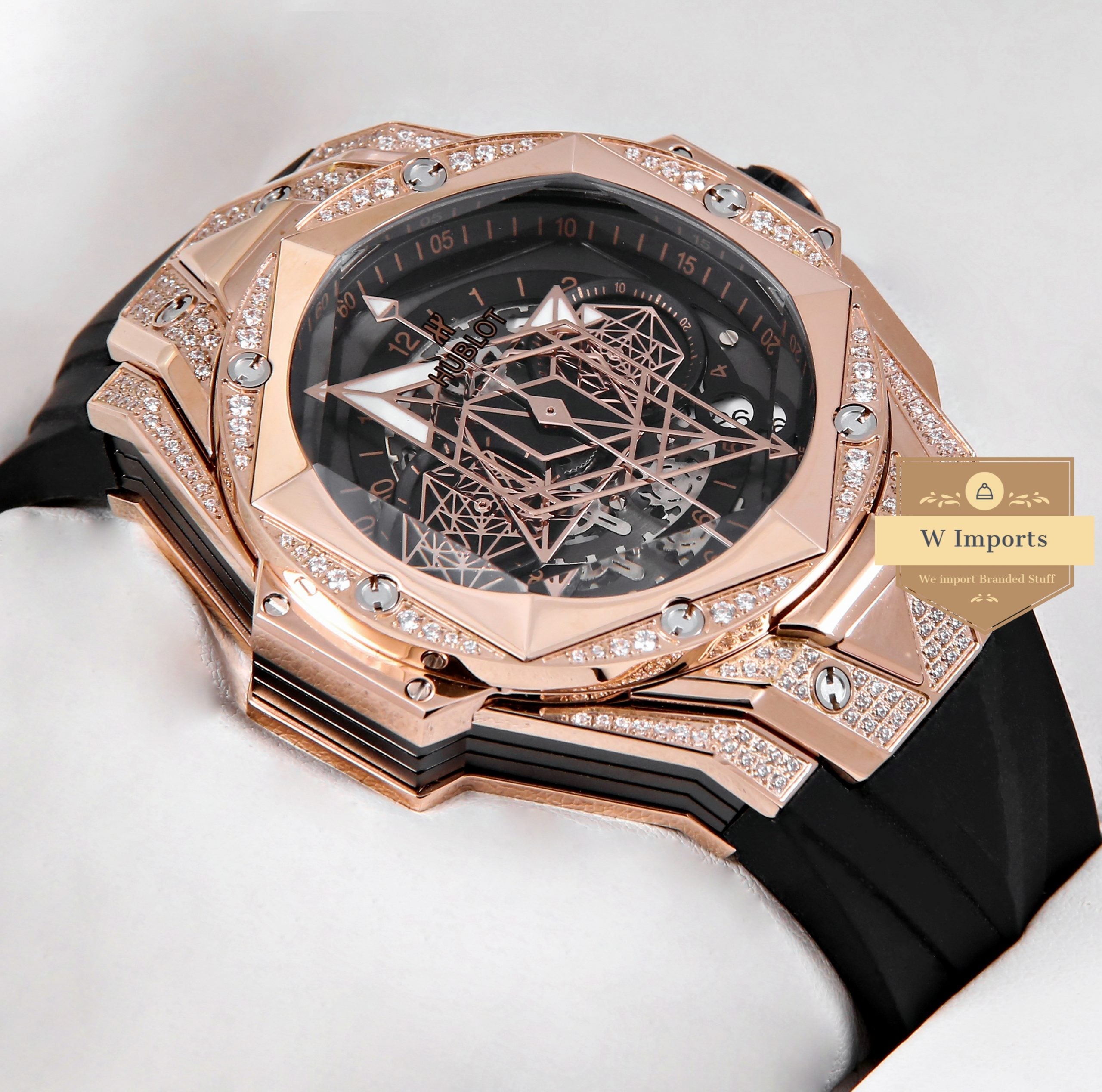 Latest Collection Chronograph Rose Gold With Stone Case Black Dial & Rubber Strap