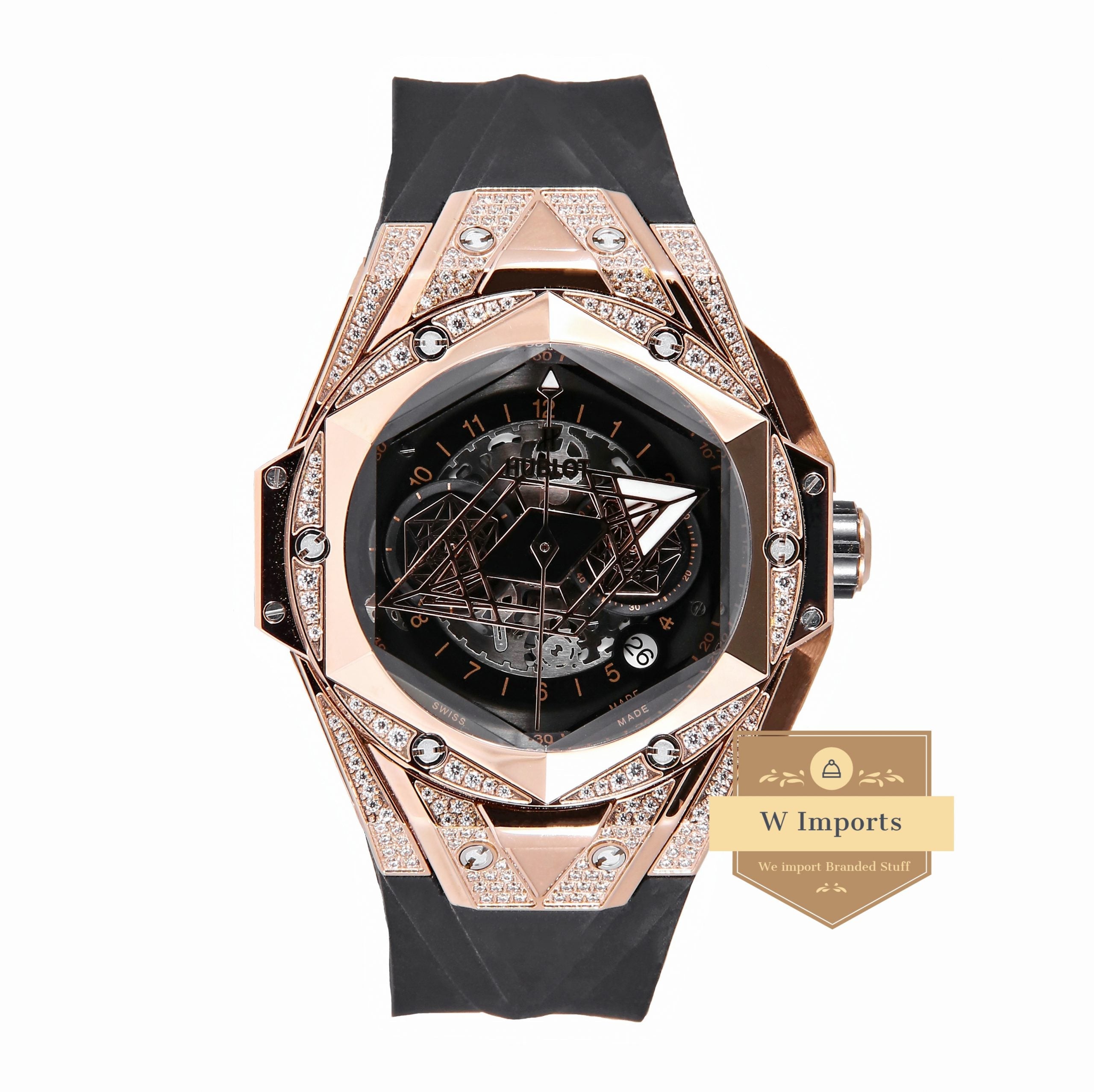 Latest Collection Chronograph Rose Gold With Stone Case Black Dial & Rubber Strap