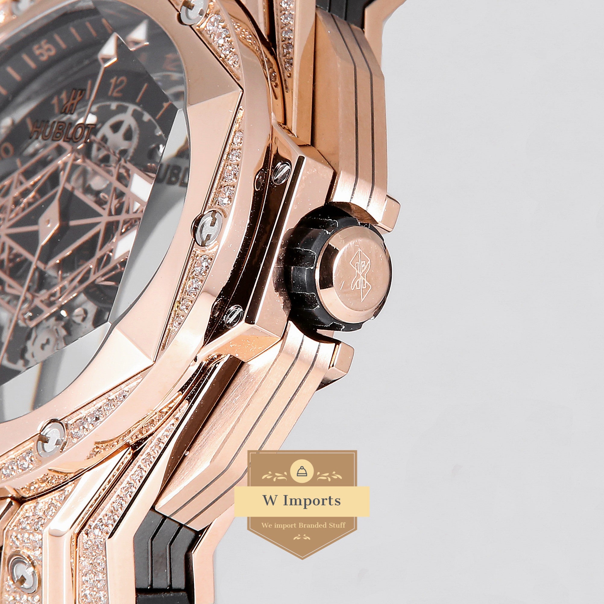 Latest Collection Chronograph Rose Gold With Stone Case Black Dial & Rubber Strap