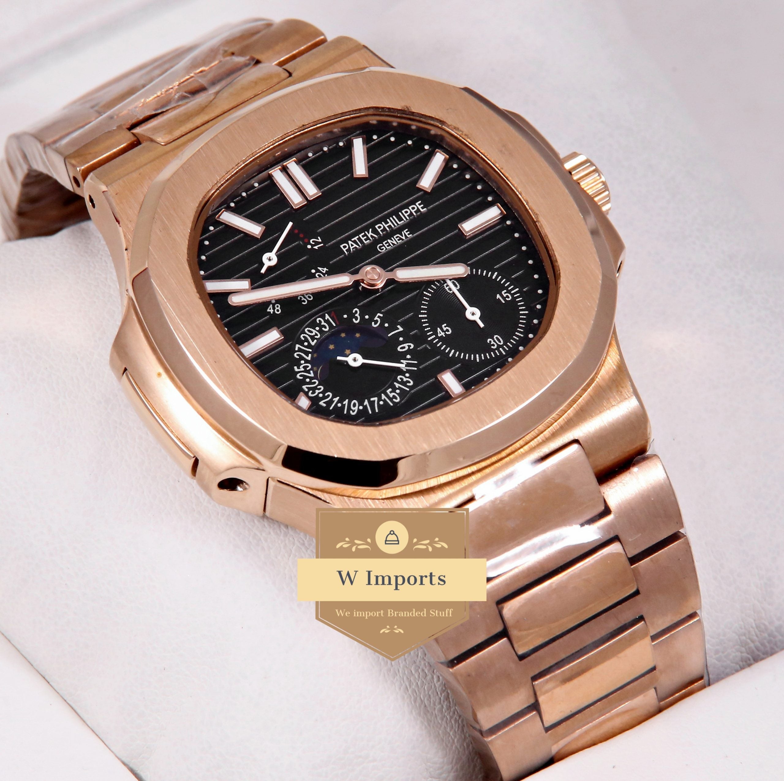 Latest Collection Chronograph Moon Phase Rose Gold With Black Dial Automatic Watch