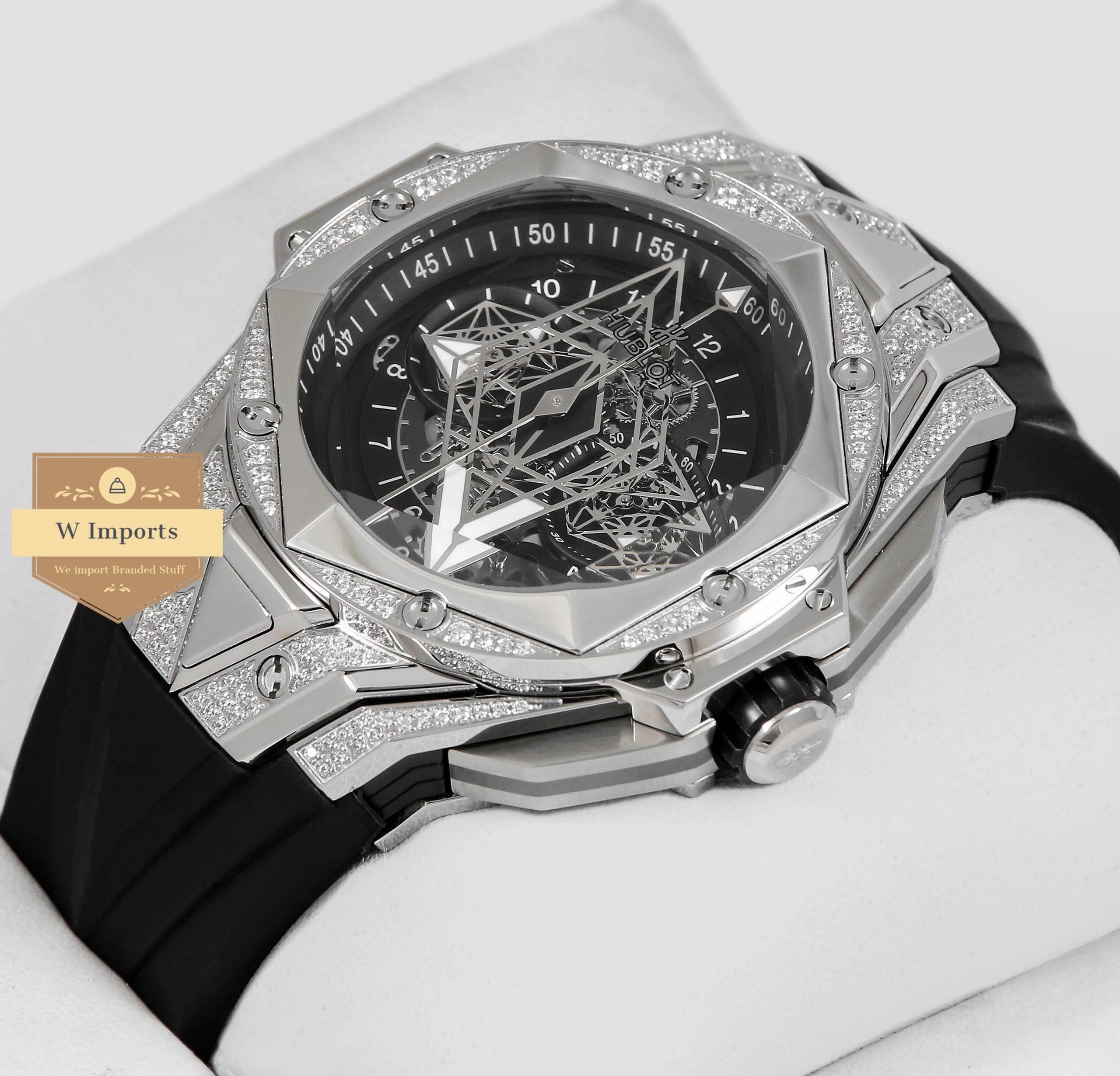 Latest Collection Chronograph Silver Stone Case With Black Dial & Rubber Strap