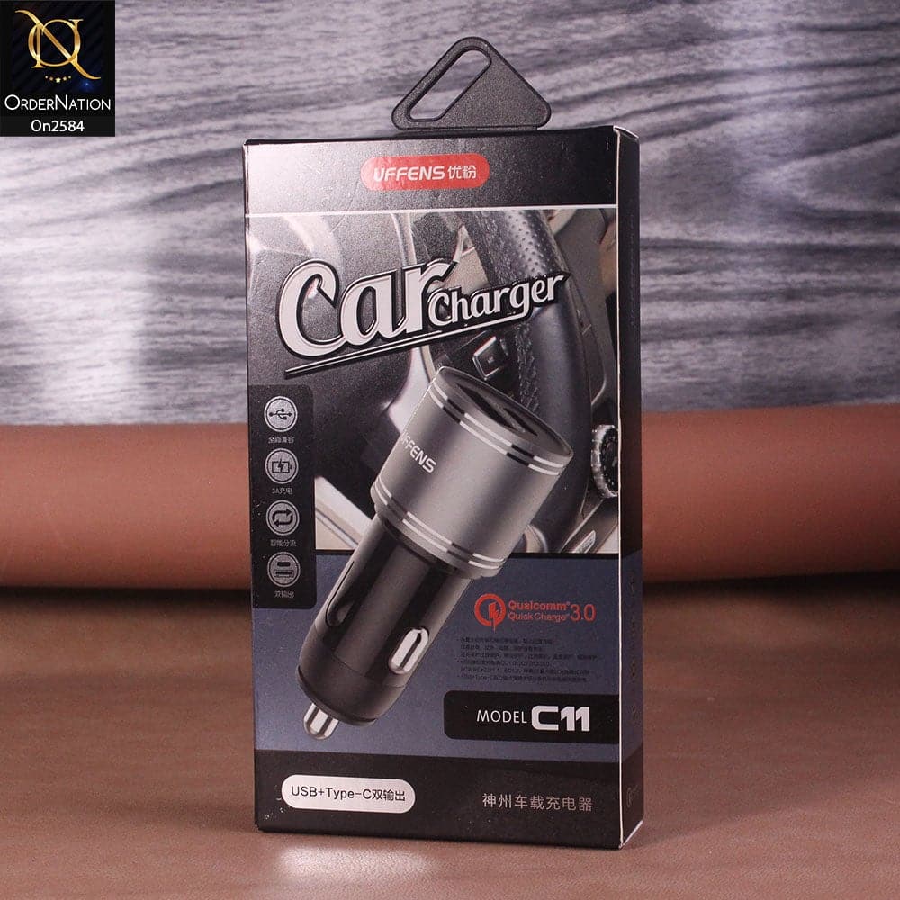 Black - Uffens C11 Qualcomm Quick Car Charger 3.0 Usb & Type C