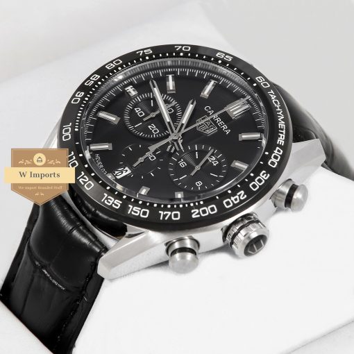 Latest Collection Chronograph Silver Case With Black Dial & Bezel With Leather Strap
